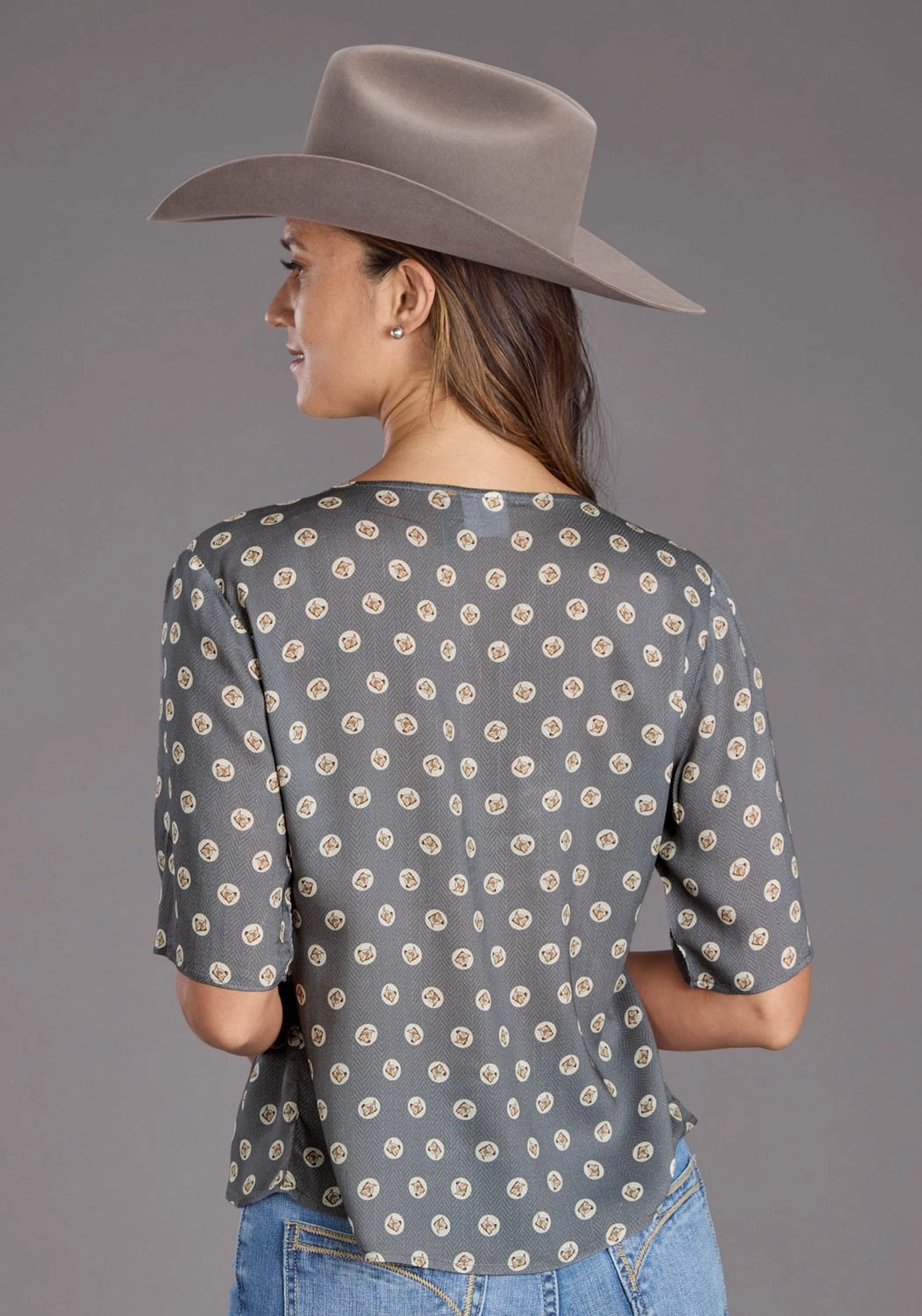 All Day Comfort Tech Stetson Womens 2440 Horse Pennies Grey 100% Rayon S/S Blouse