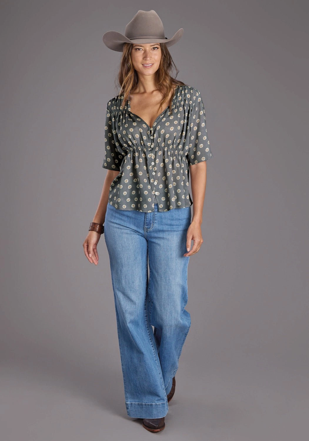 Stetson Womens 2440 Horse Pennies Grey 100% Rayon S/S Blouse Urban Wear Double Stitched Hems