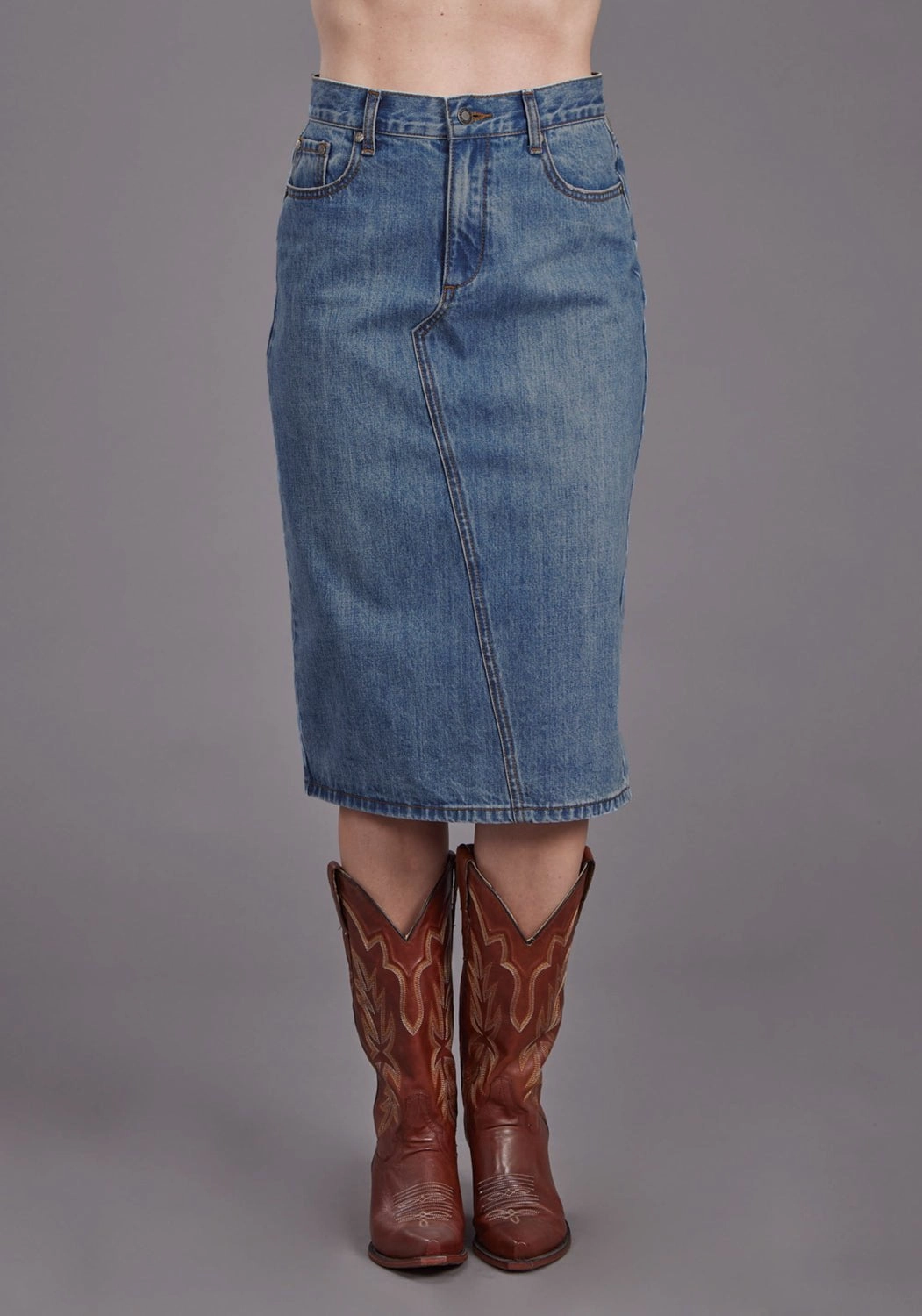 Stetson Womens Asymmetrical Seam Medium Wash 100% Cotton Skirt Fashion Detail Relaxed Style