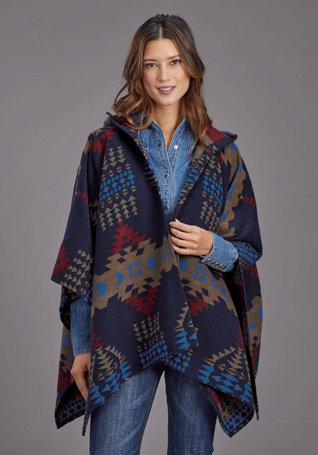 Sleek Texture Stetson Womens Aztec Blanket Hooded Blue Poly/Wool Wrap