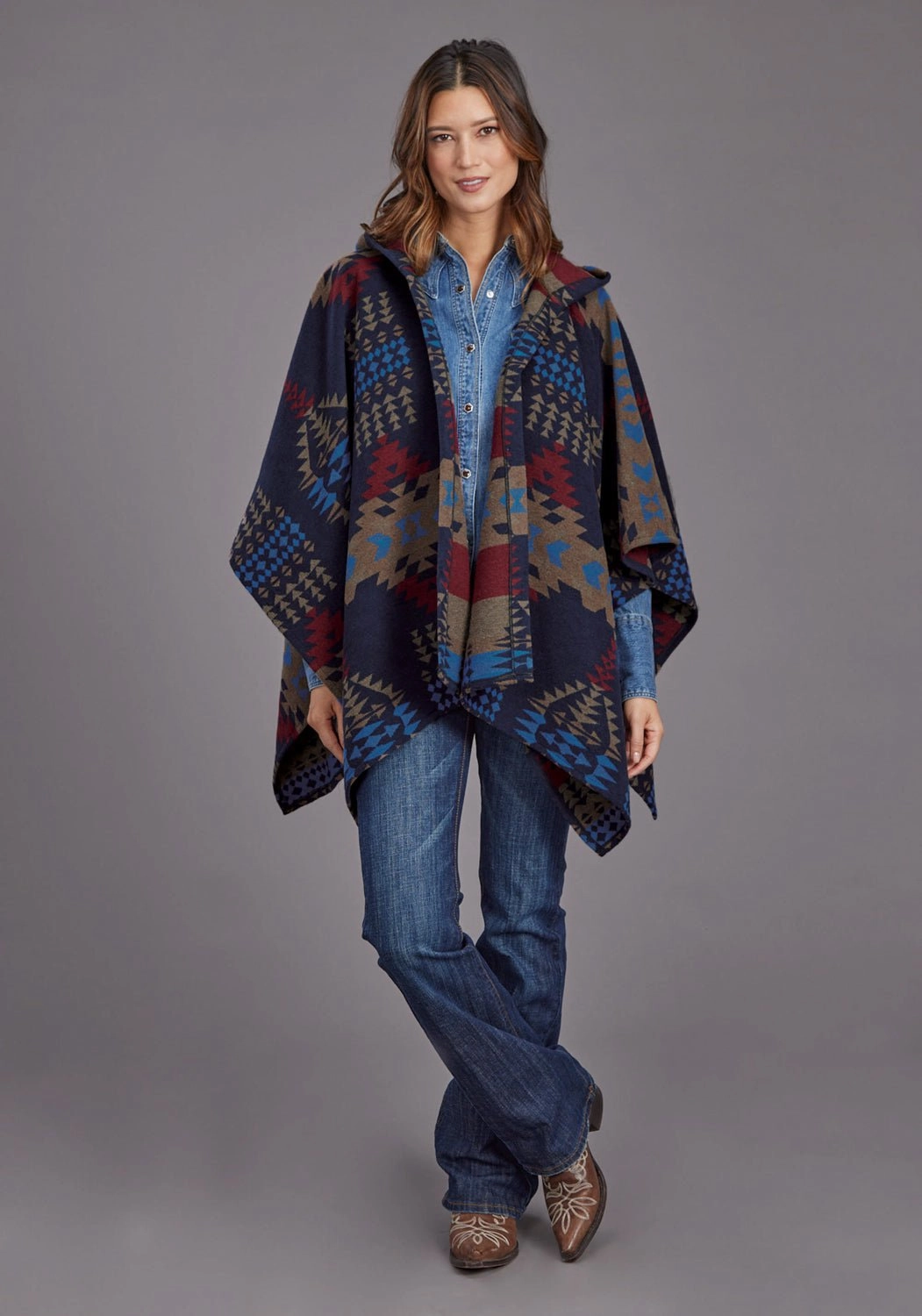 Bonded Hem Technology Stetson Womens Aztec Blanket Hooded Blue Poly/Wool Wrap