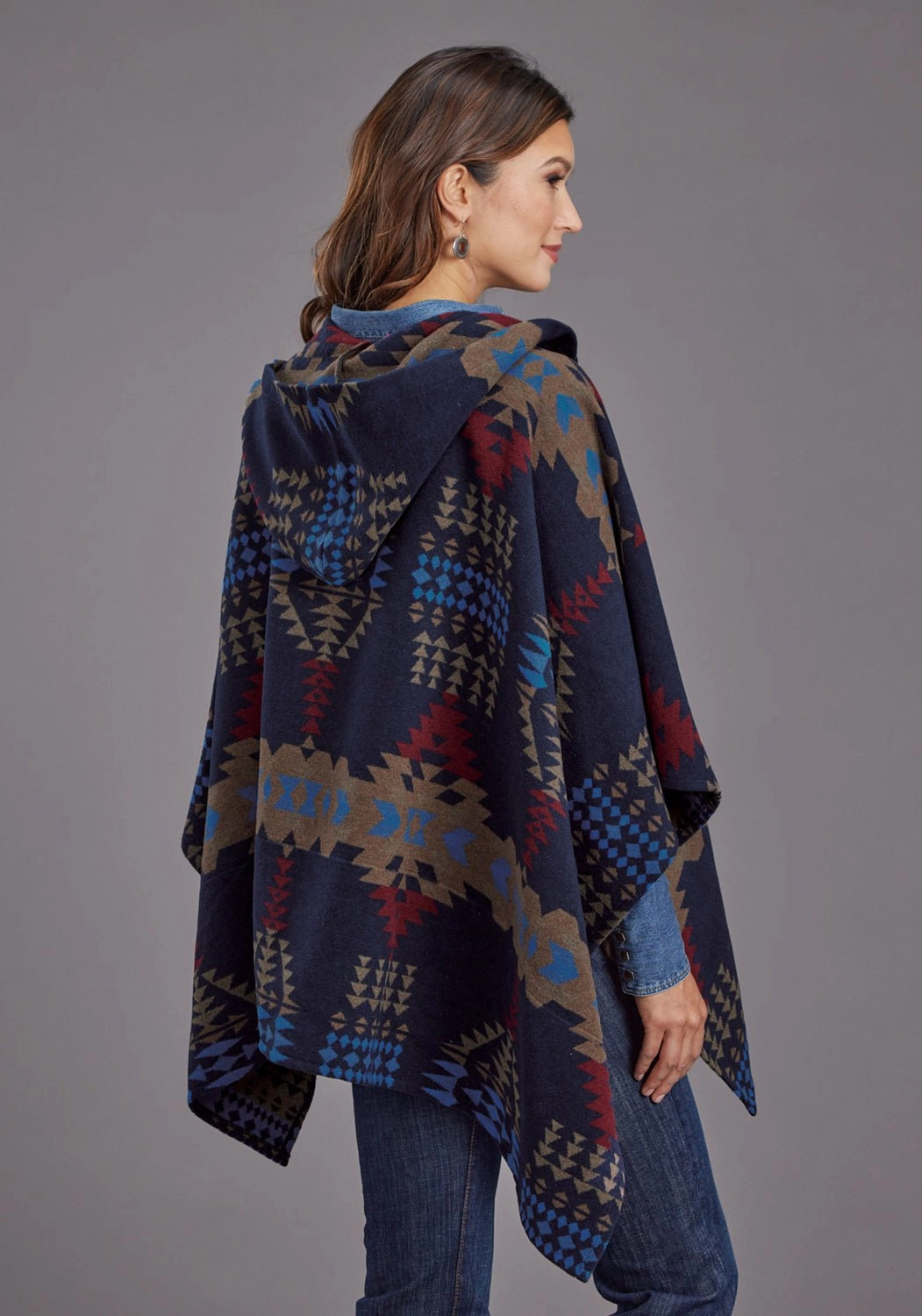 Stetson Womens Aztec Blanket Hooded Blue Poly/Wool Wrap Ventilated Mesh Panels Elastic hem