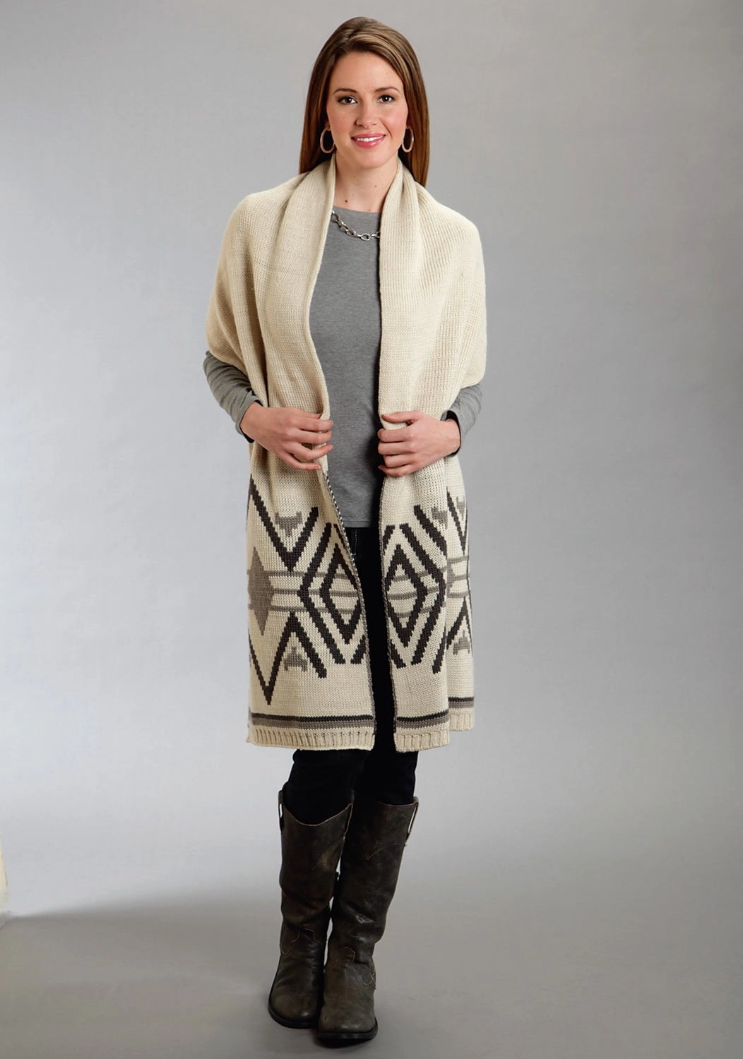 Stetson Womens Aztec Intarsia Taupe Wool Blend Scarf NonRestrictive Cut