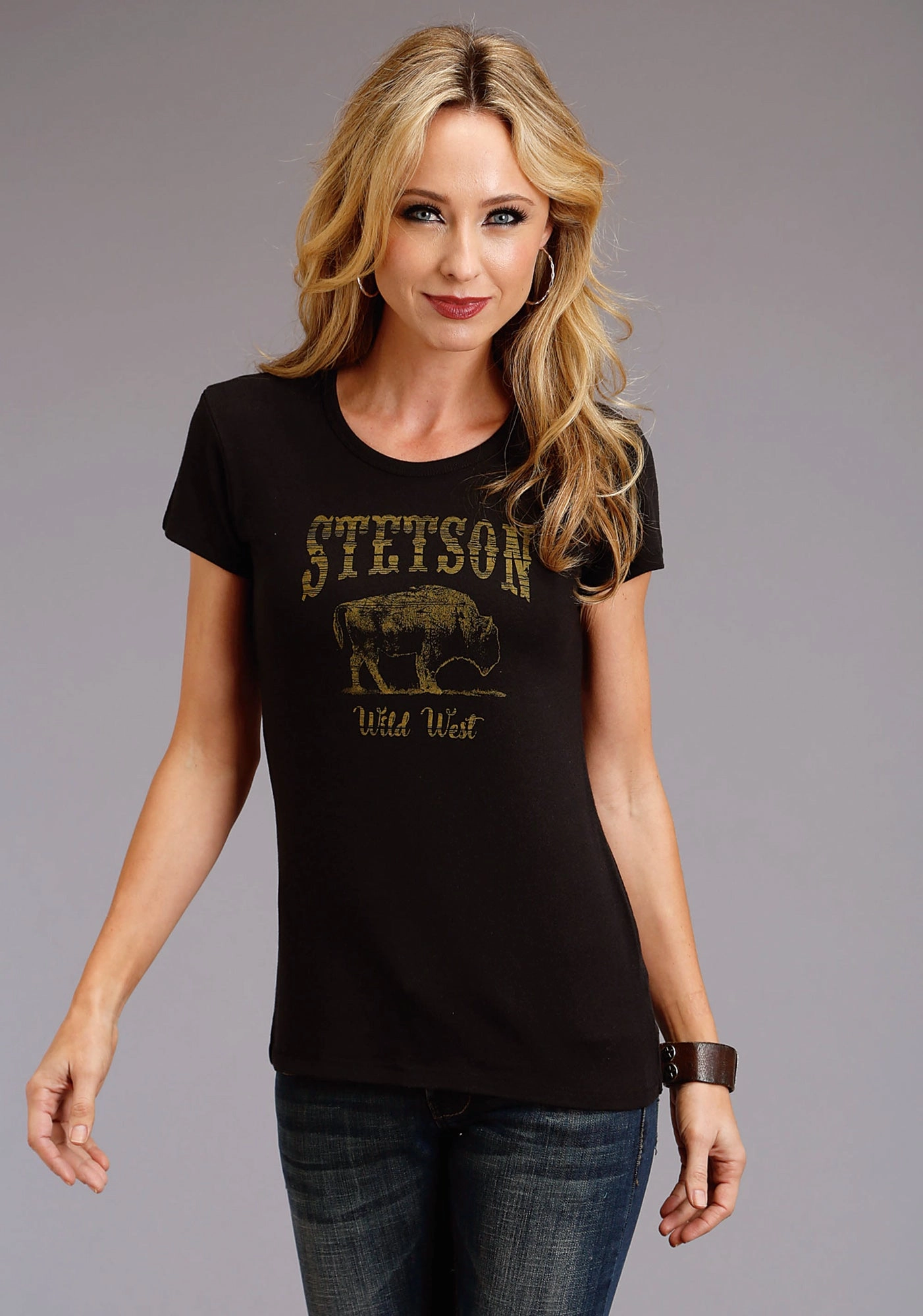 Stetson Womens Black Cotton Blend Bison Wild West S/S T-Shirt Year-Round Favorite