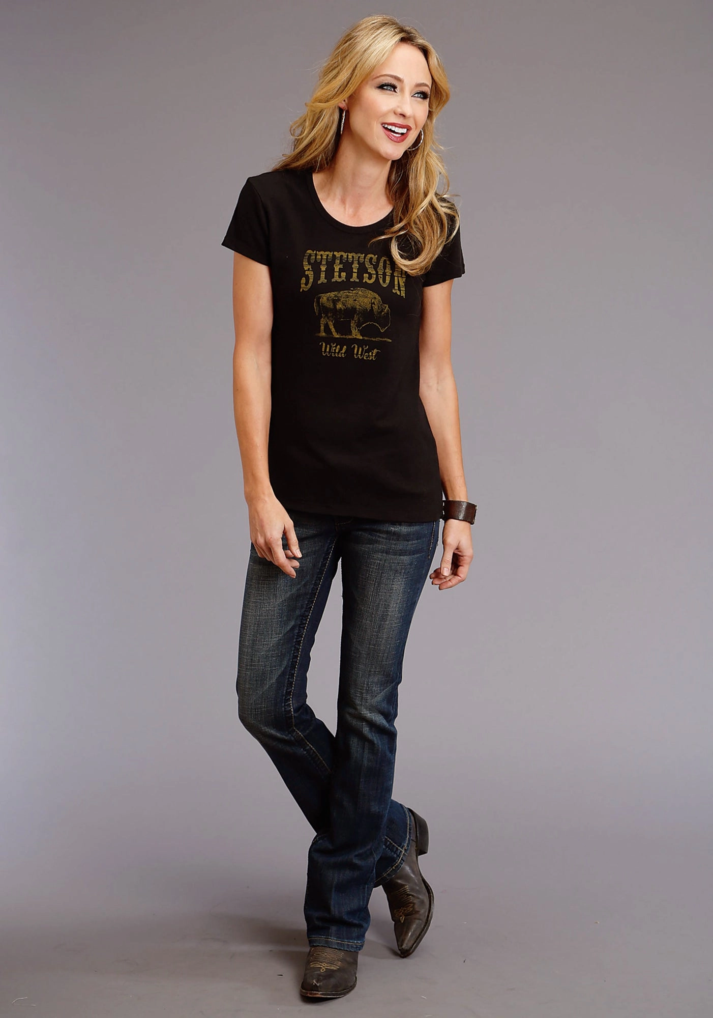 Anniversary Celebration Odorless Binding Tape Stetson Womens Black Cotton Blend Bison Wild West S/S T-Shirt