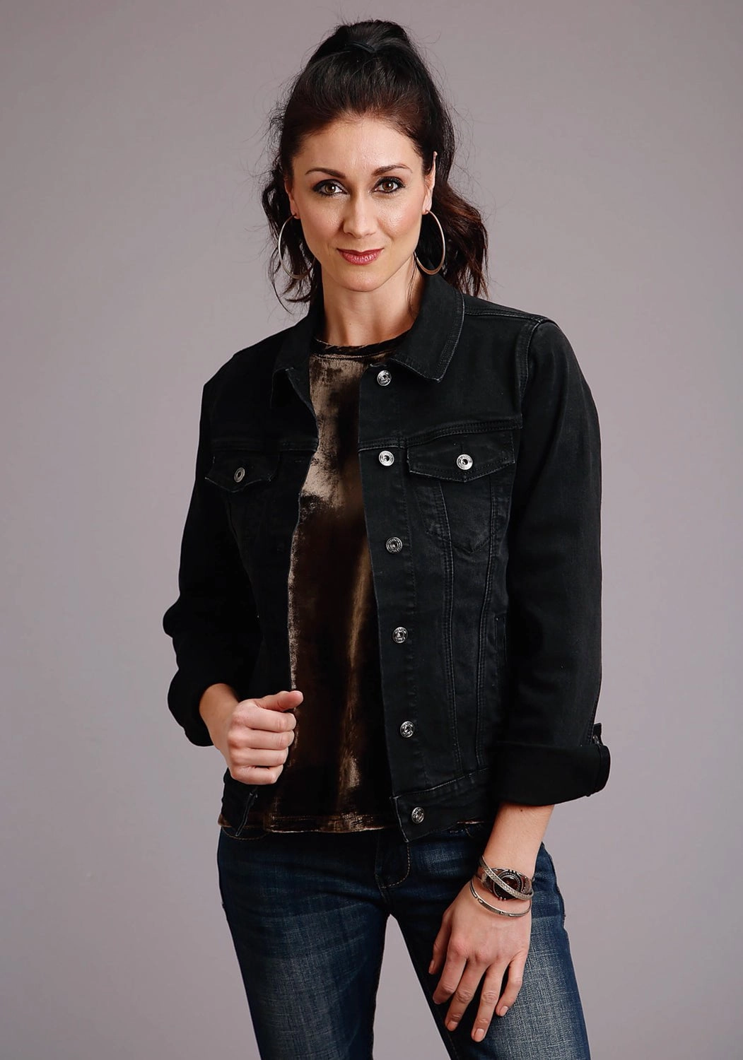 Stetson Womens Black Cotton Blend Denim Stretch Jacket Windproof Inner Layer Elegant Evening
