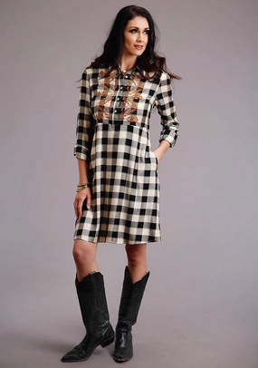 Dressy Glow Stetson Womens Black Rayon/Nylon Buffalo Plaid L/S Dress