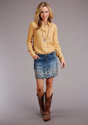 Stetson Womens Blue Cotton Blend Aztec Floral Stitch Skirt Casual Wear