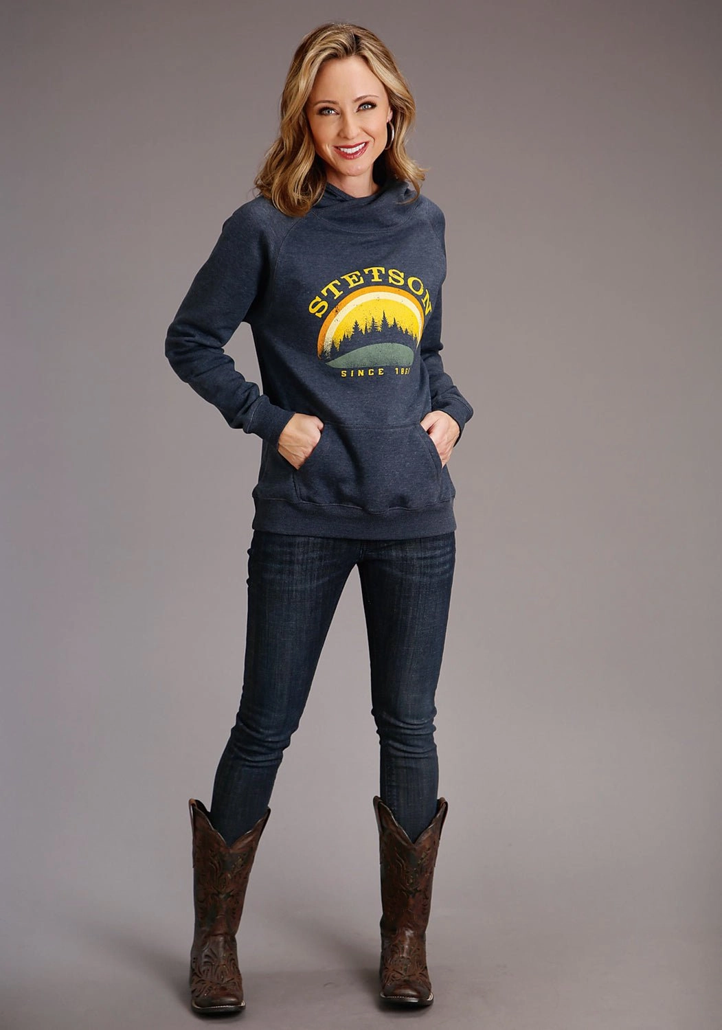 All Day Comfort Fit Cozy Warmth Stetson Womens Blue Cotton Blend Sunset and Trees Hoodie