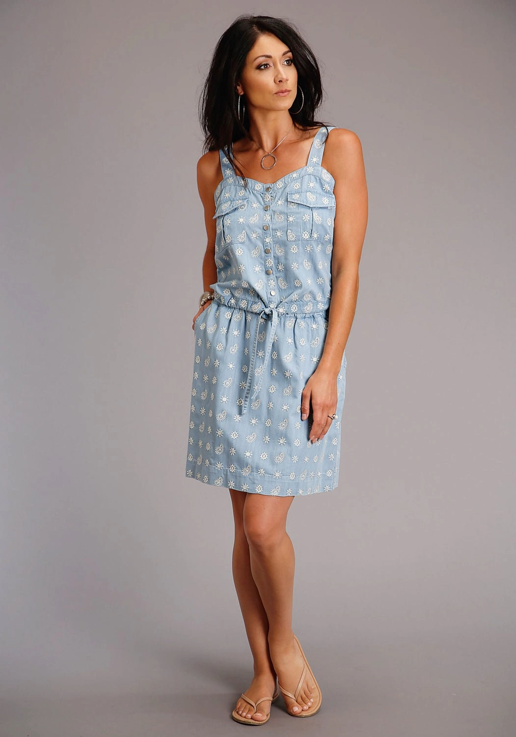 Reinforced Elasticity Seamless Shoulder Construction Stetson Womens Blue Denim Schiffli S/L Tank Top