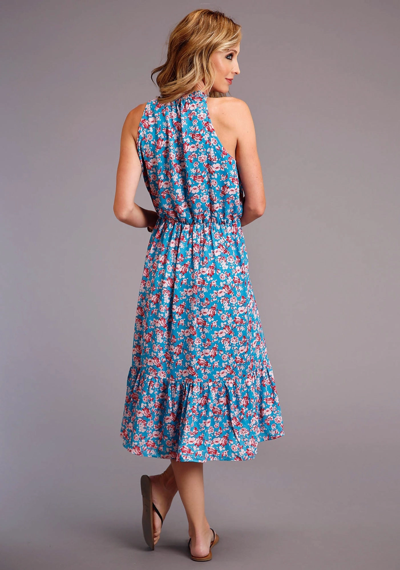 Stetson Womens Blue Multi Polyester Mid-Calf Floral S/L Dress Neat Stitch Occasion Wear