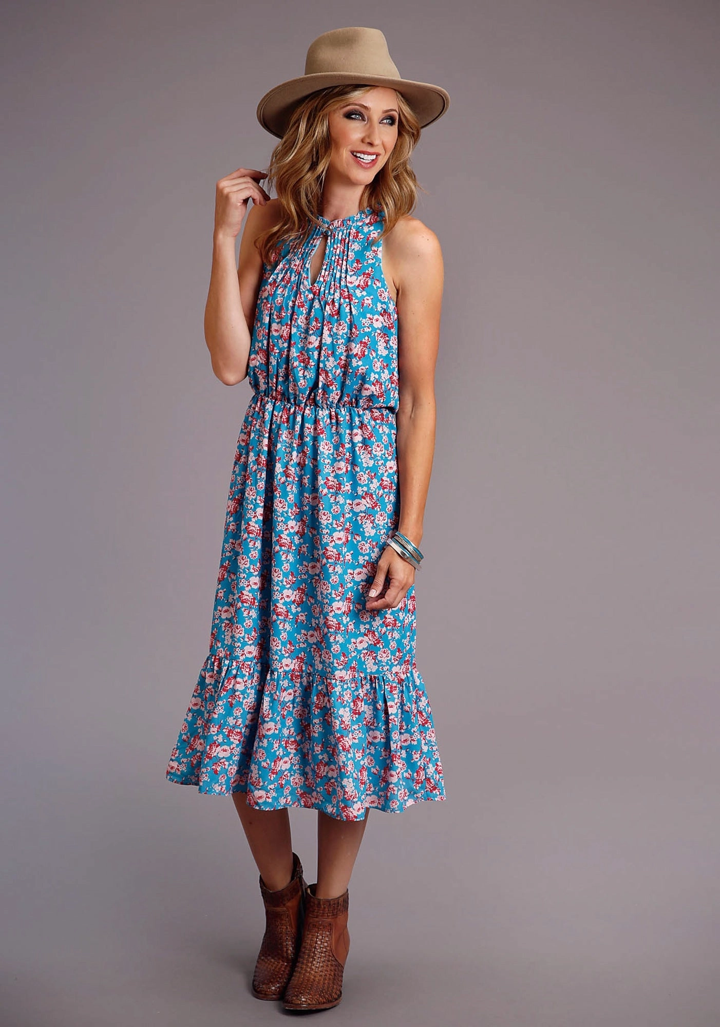 Stetson Womens Blue Multi Polyester Mid-Calf Floral S/L Dress Travel Ready Timeless boho dress