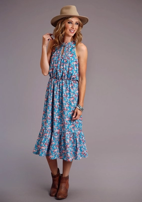 Comfy and Relaxed Stetson Womens Blue Multi Polyester Mid-Calf Floral S/L Dress