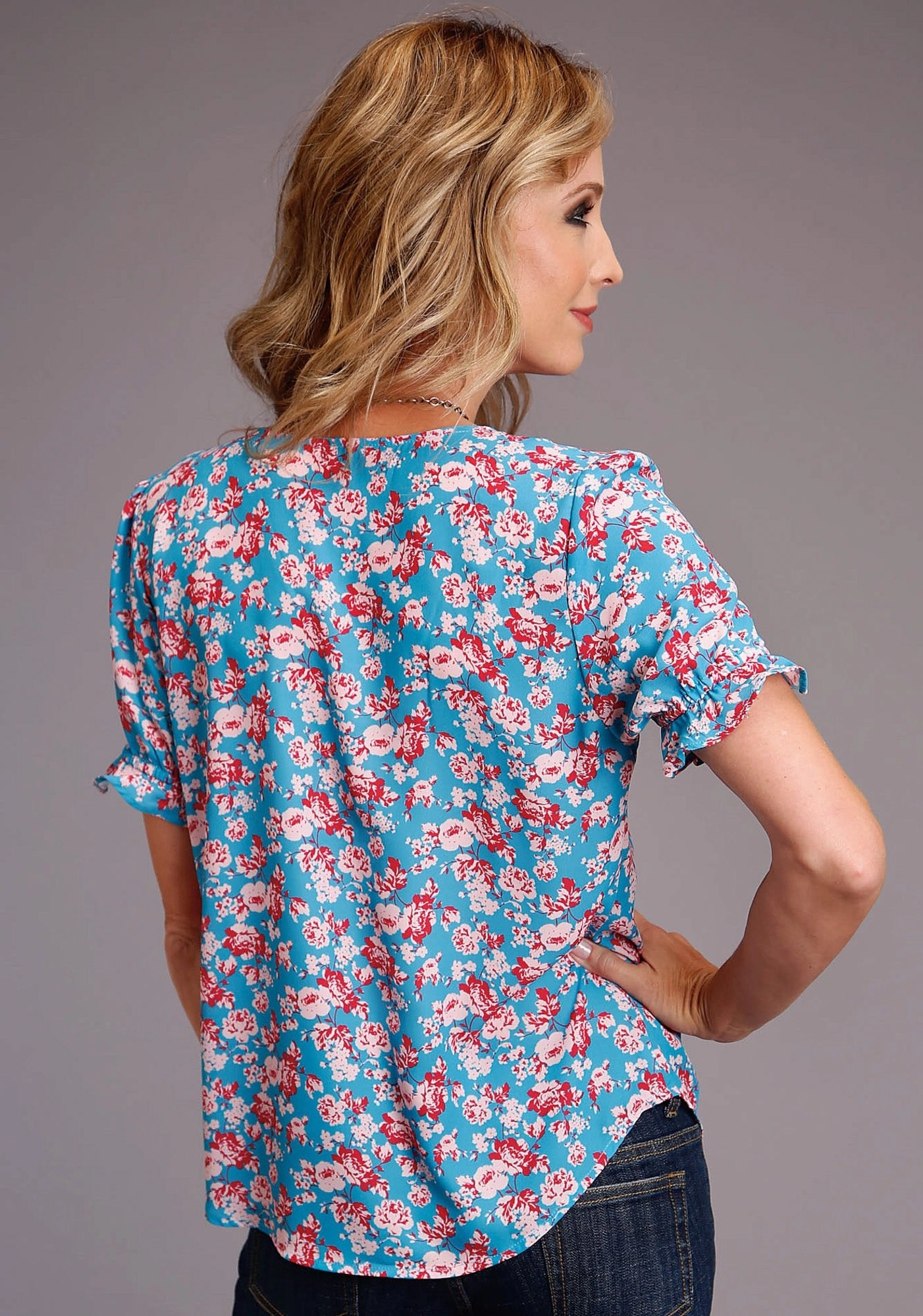 Stetson Womens Blue Polyester Multi-Color Floral S/S Blouse Stylish Detail All-Purpose Wear