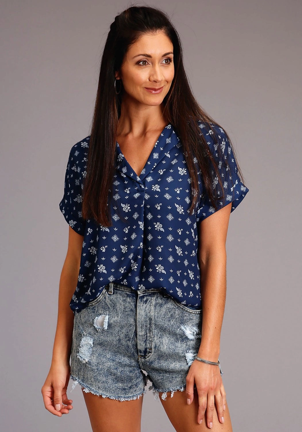 Subtle Print Stetson Womens Blue Rayon/Nylon Vintage Ditzy S/S Blouse