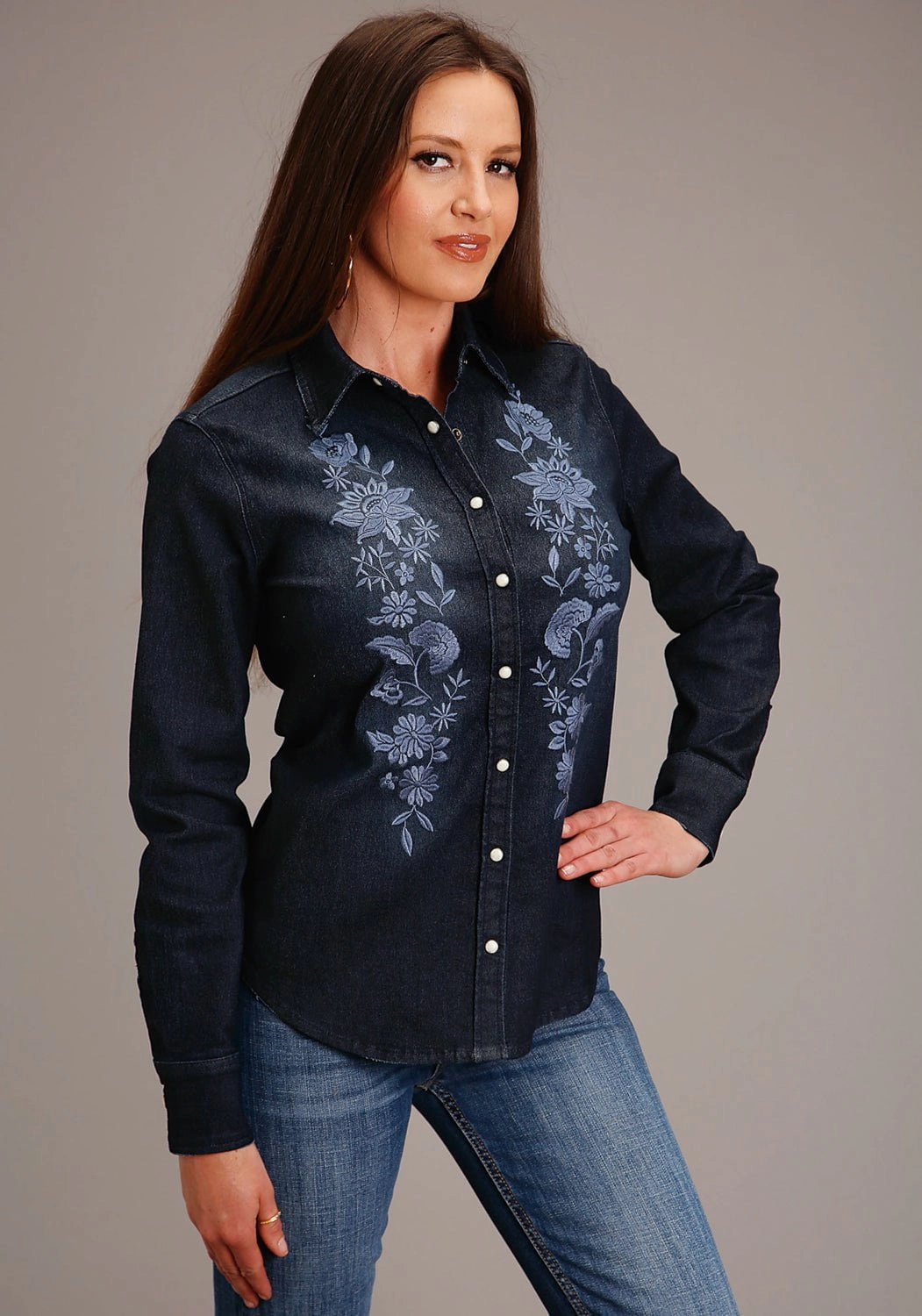Lightweight Layer stain resistant coating Stetson Womens Boyfriend Fit Blue 76% Cotton/23% Polyester/1% Spandex L/S Blouse