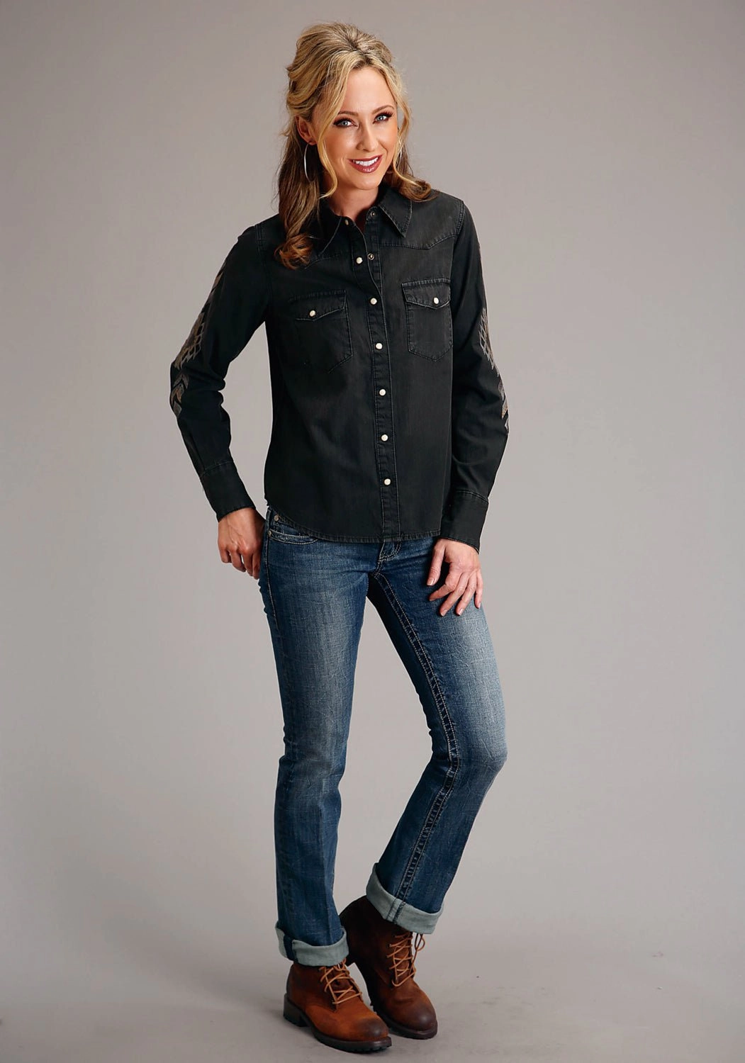 Seasonal Fashion Stetson Womens Boyfriend Fit Denim Black 100% Cotton L/S Shirt