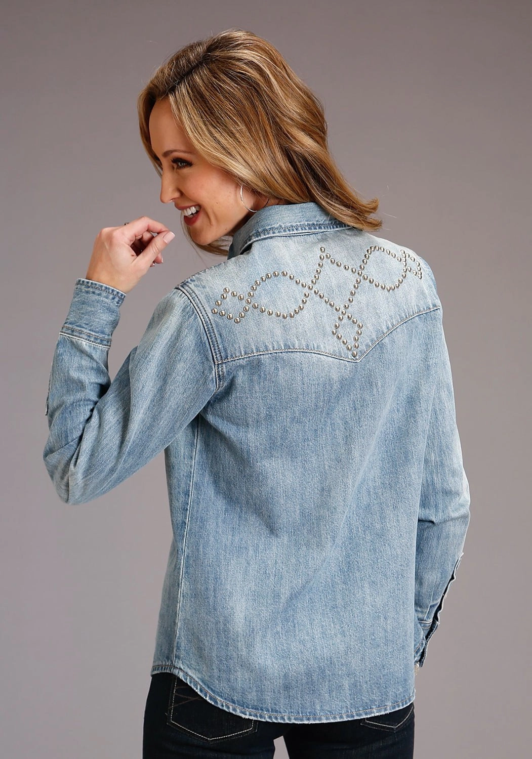 Stetson Womens Boyfriend Fit Stud Blue 100% Cotton L/S Shirt Neutral Tone