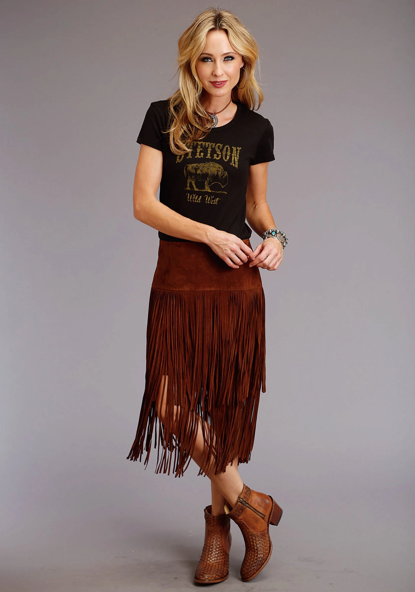 Stetson Womens Brown Leather Lamb Suede Fringe Skirt 14 Slim Fit Band Modern Tones
