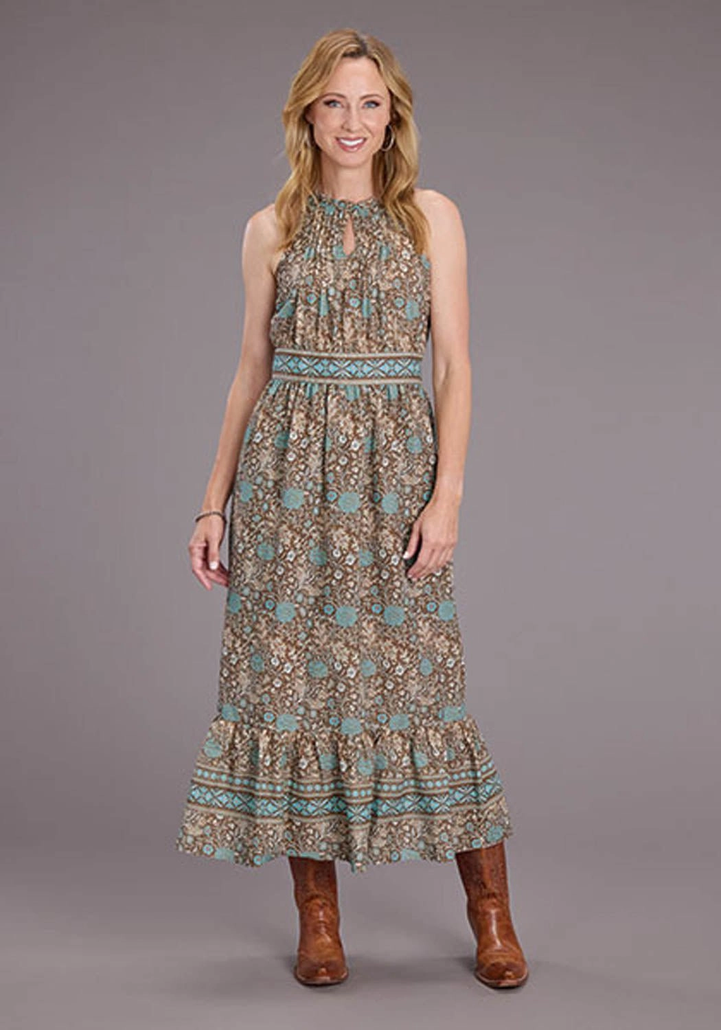 Mid Season Stetson Womens Carnation Border Tan/Blue 100% Cotton S/L Dress