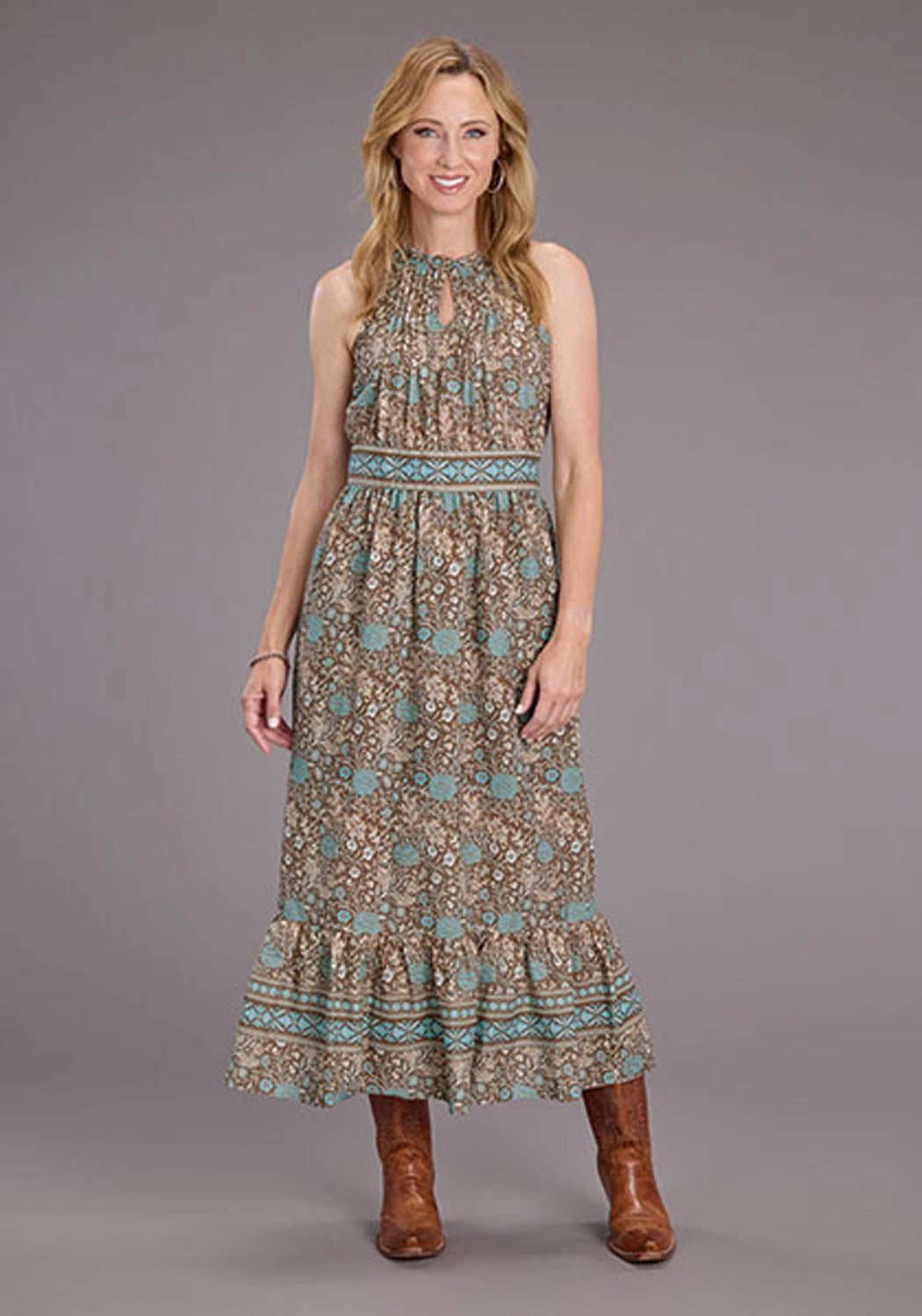 Stetson Womens Carnation Border Tan/Blue 100% Cotton S/L Dress Fall Comfort Lightweight Fabric