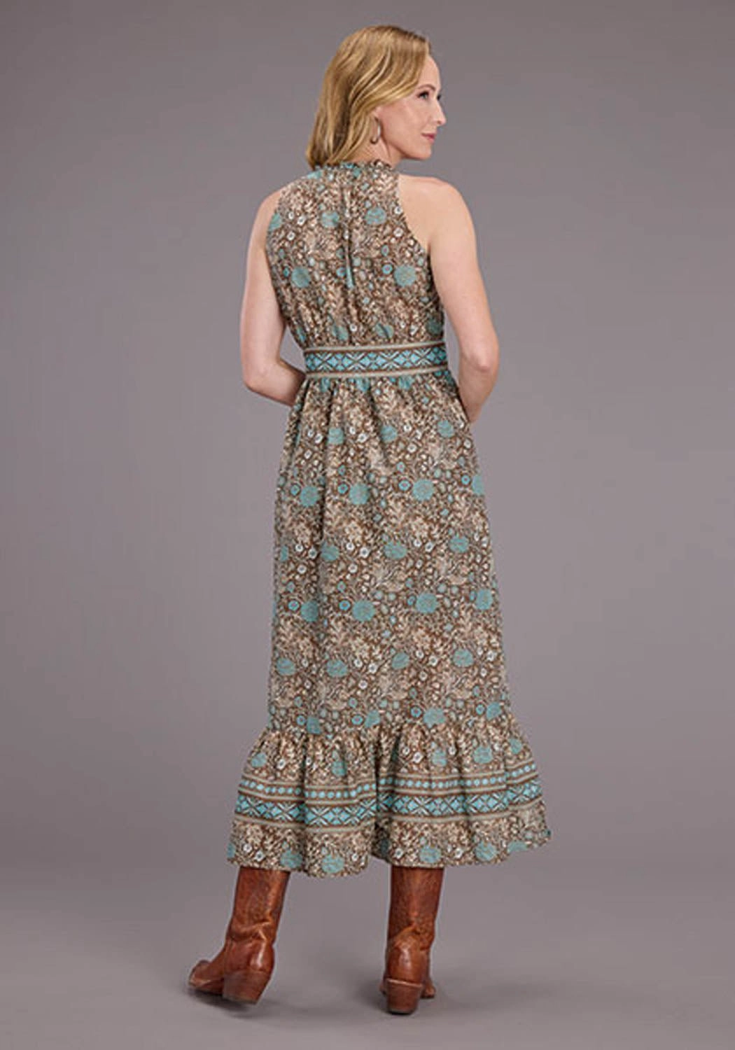 Stetson Womens Carnation Border Tan/Blue 100% Cotton S/L Dress Neutral Fit Just Right