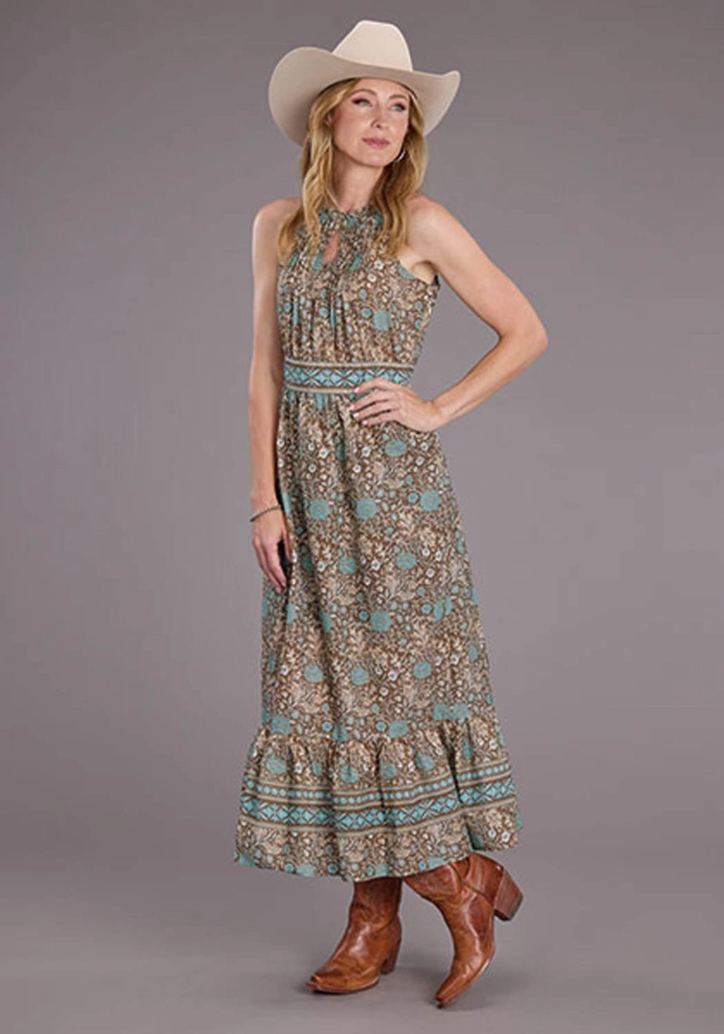 Fast Drying Material Yearlong Favorite Stetson Womens Carnation Border Tan/Blue 100% Cotton S/L Dress