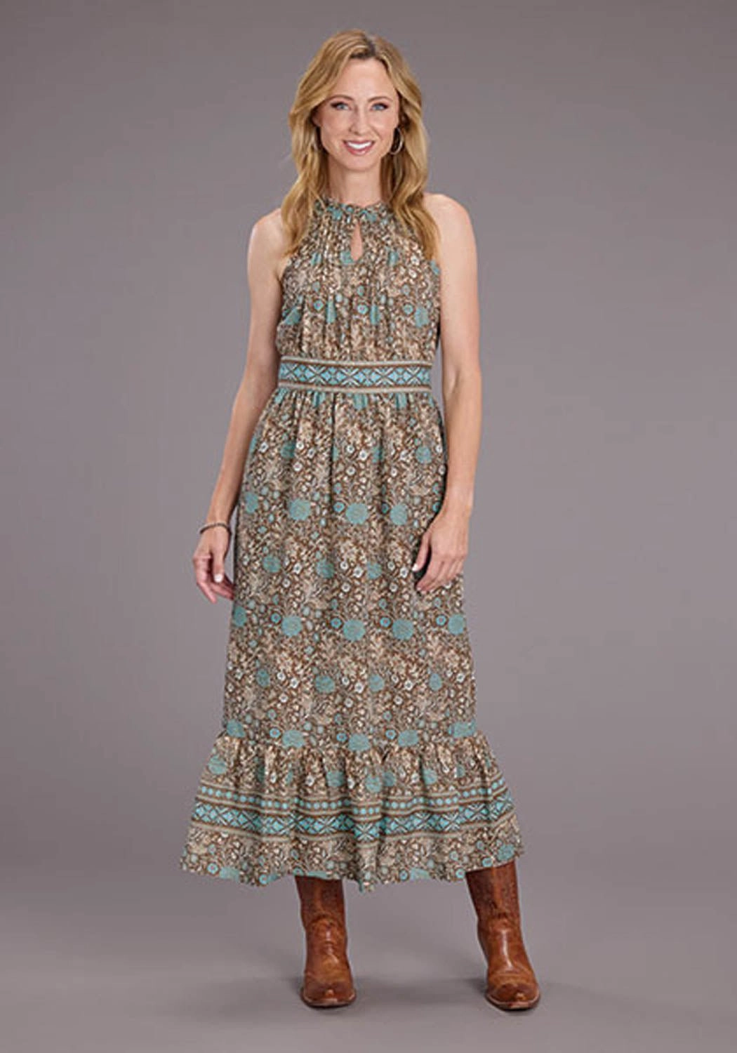 Stetson Womens Carnation Border Tan/Blue 100% Cotton S/L Dress Dressy Glow Timeless elegance