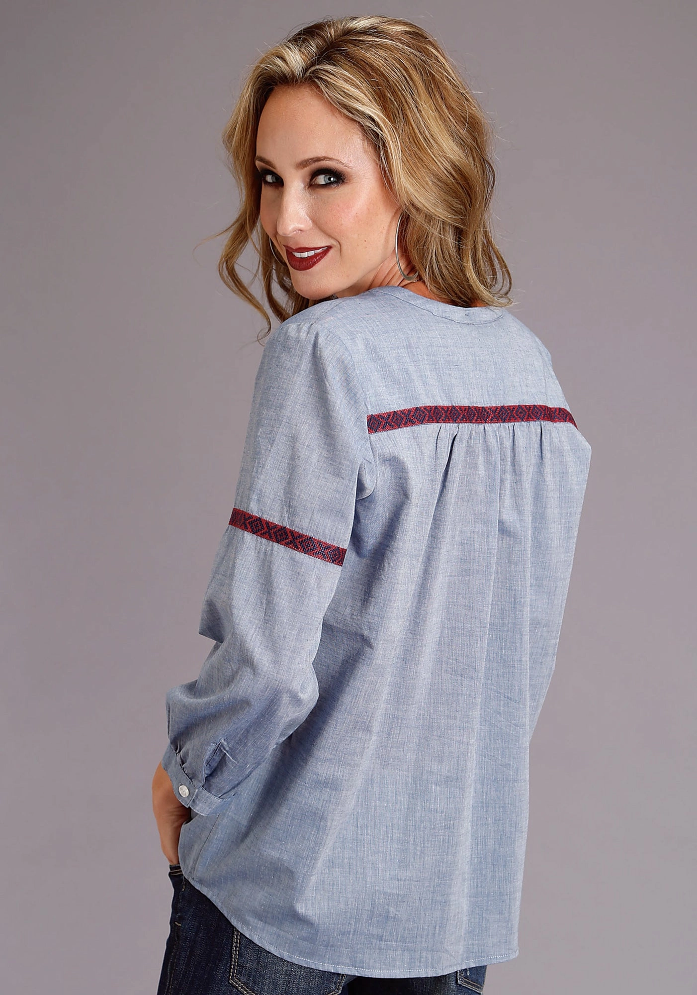 Snag Resistant Fabric Reinforced Buttonholes Stetson Womens Chambray 100% Cotton Peasant S/S Blouse