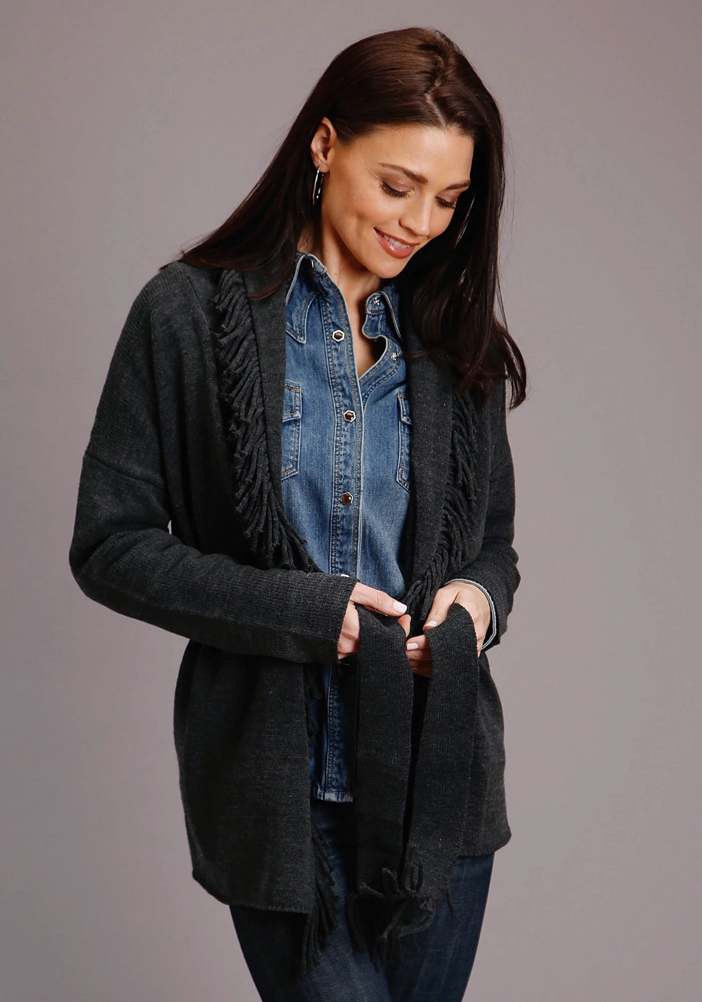 Frictionless Lining Reinforced Shoulder Padding Stetson Womens Charcoal Grey Fringed Shawl Cardigan