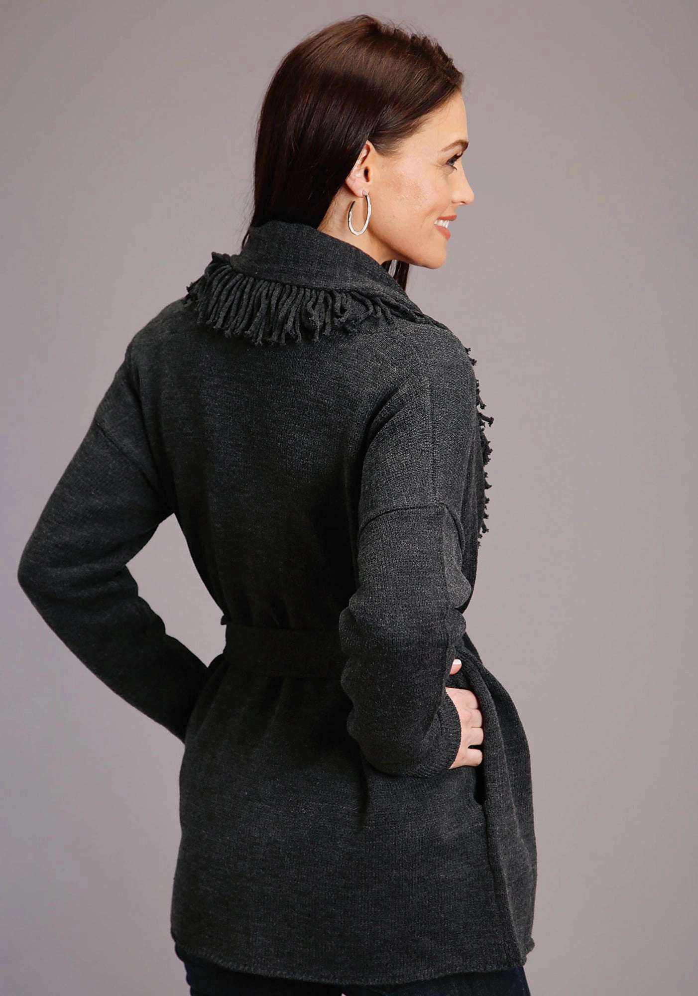 Functional Pocket Adjustable Hem Stetson Womens Charcoal Grey Fringed Shawl Cardigan