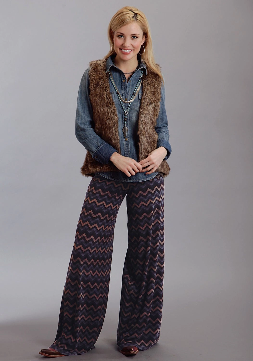 Stetson Womens Chevron Print Brown Rayon/Spandex Trousers Relaxed Style Smart Casual Minimalist Style Soft Stretch