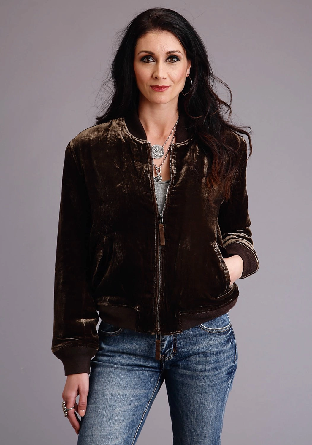 Stetson Womens Chocolate Bronze Rayon Velvet Bomber Jacket Quick Dry Technology