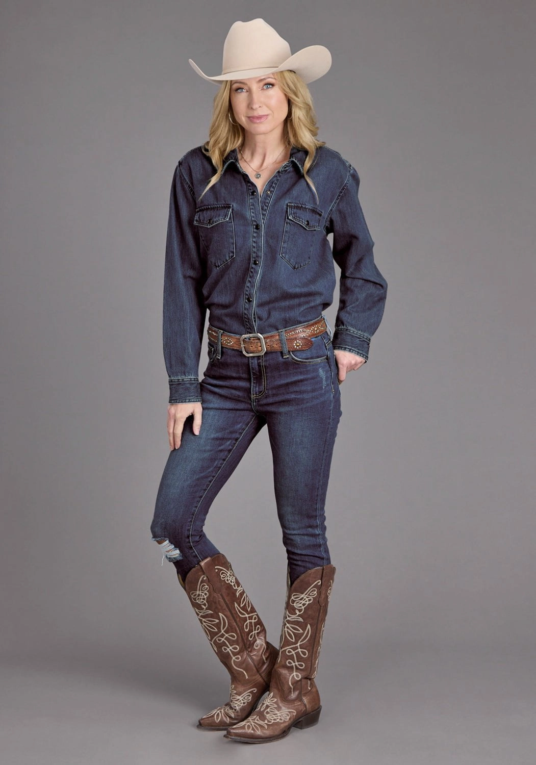 Stetson Womens Collared Oversized Dark Blue Tencel/Rayon L/S Shirt Layering Piece