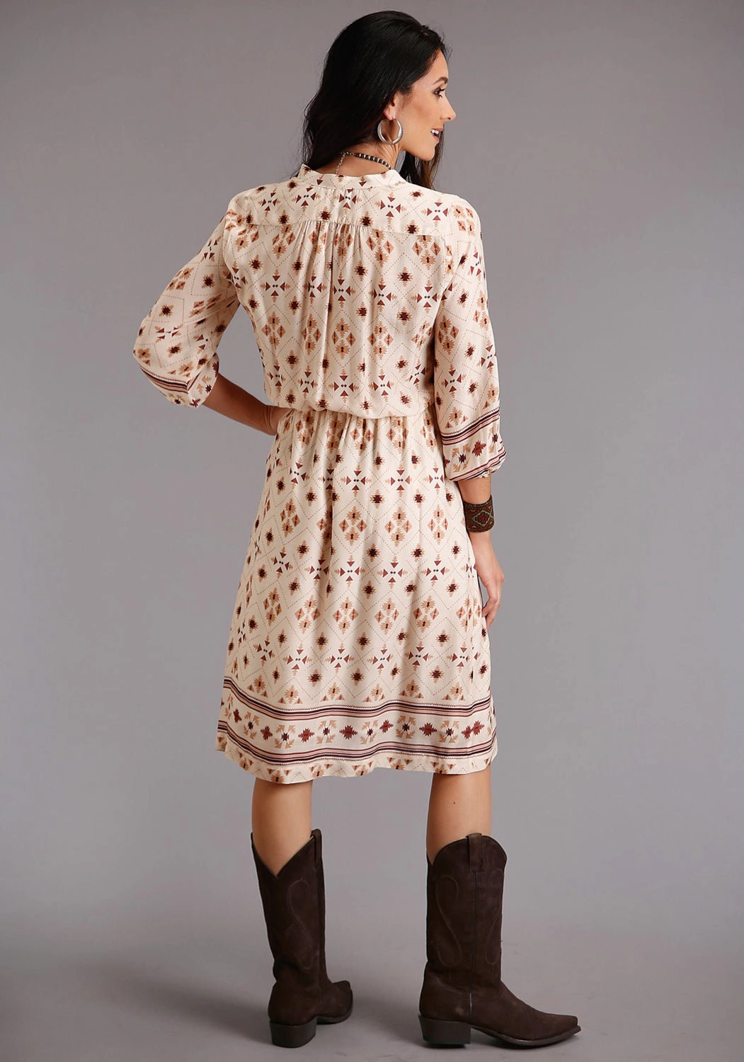 Minimal Shrinkage Fall Favorites Stetson Womens Cream Rayon/Nylon Gaucho Border 3/4 Sleeve Dress