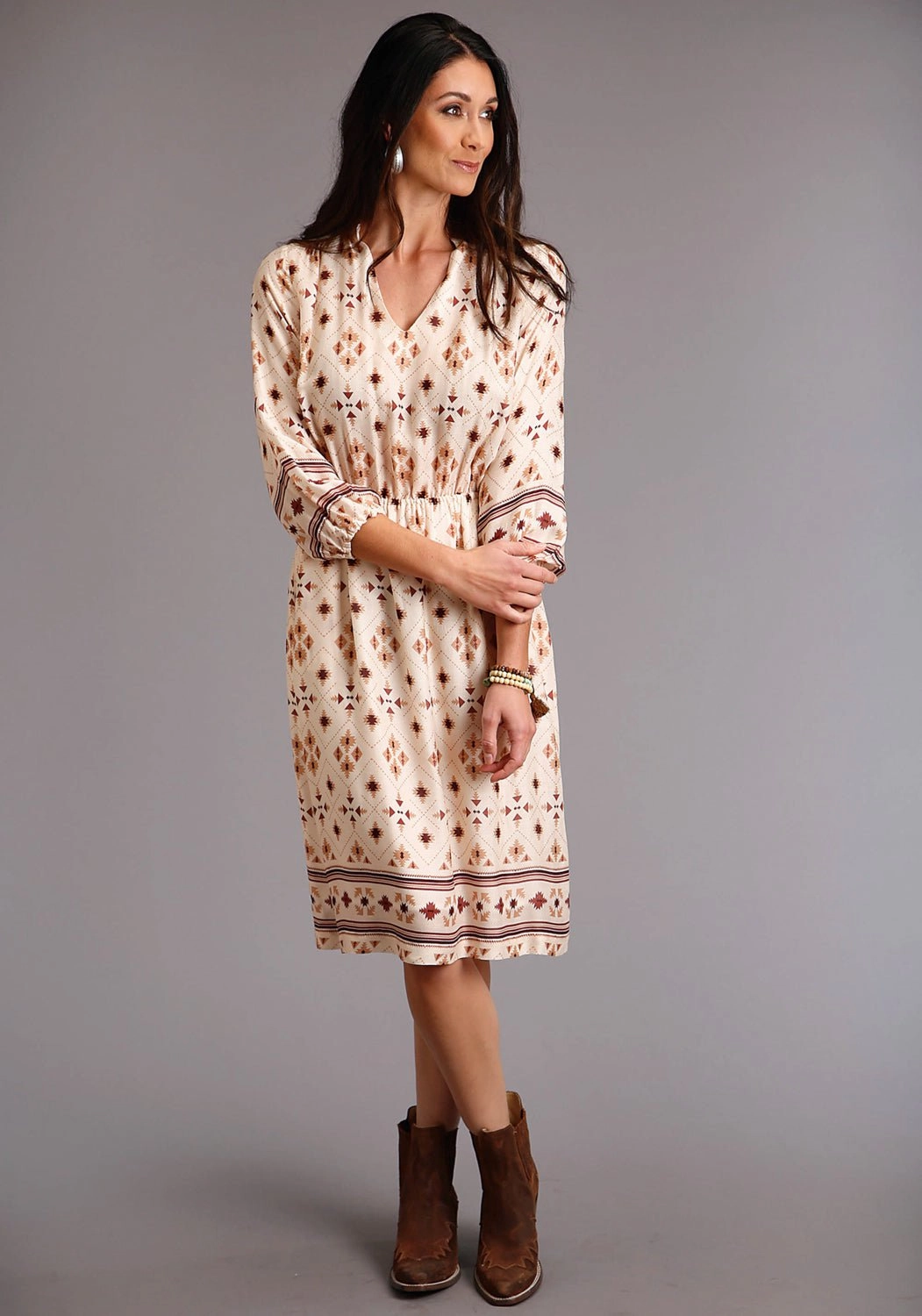 Statement Piece Stetson Womens Cream Rayon/Nylon Gaucho Border 3/4 Sleeve Dress