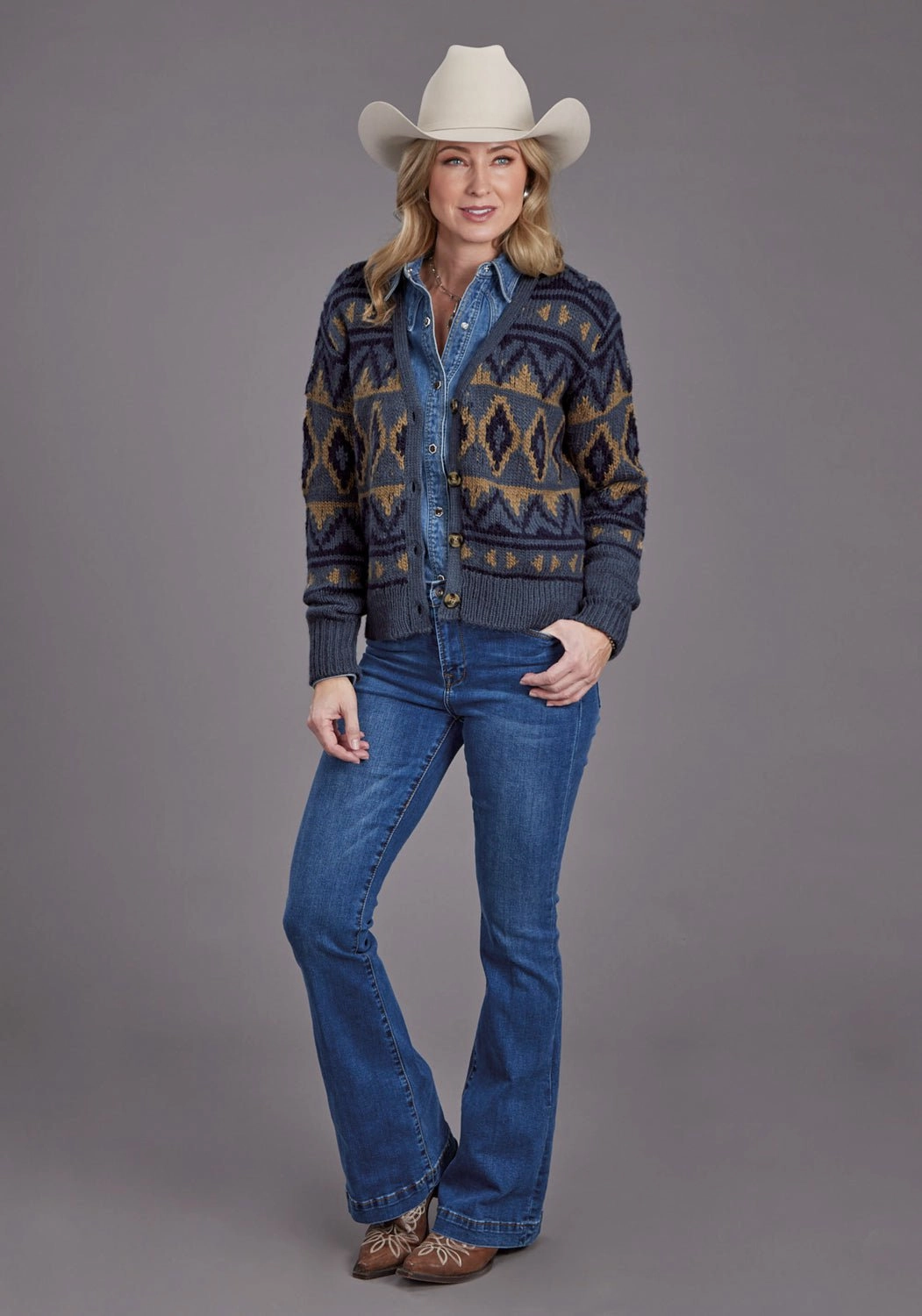 Contoured Back Panel Stetson Womens Cropped Indigo Acrylic Blend Cardigan Sweater