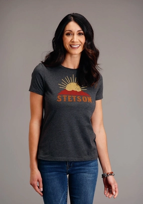 Stetson Womens Dark Grey Cotton Blend Sunset and Mountain S/S T-Shirt Morning Comfort Flexible Shoulder Panels