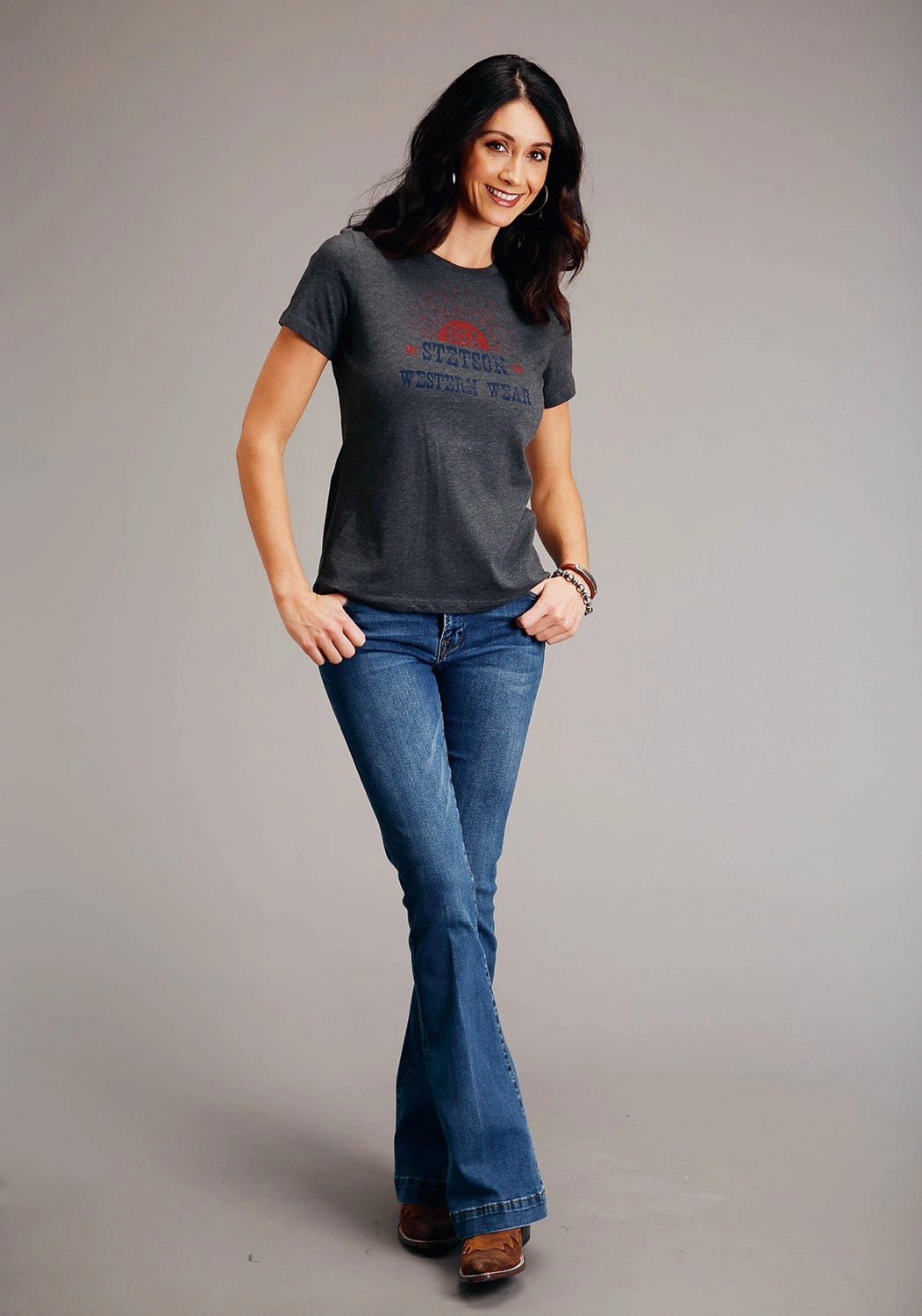 Thermoregulating Fabric High-Quality Fabric Stetson Womens Dark Grey Cotton Blend Sunset USA S/S T-Shirt