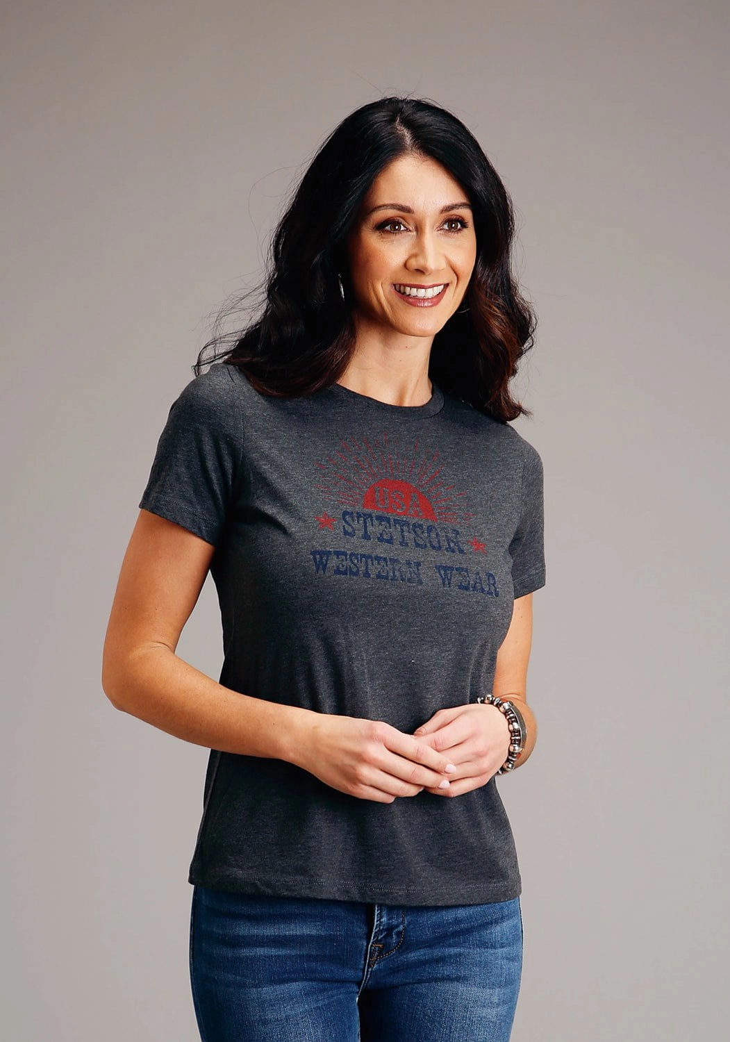 Stetson Womens Dark Grey Cotton Blend Sunset USA S/S T-Shirt Distressed finish