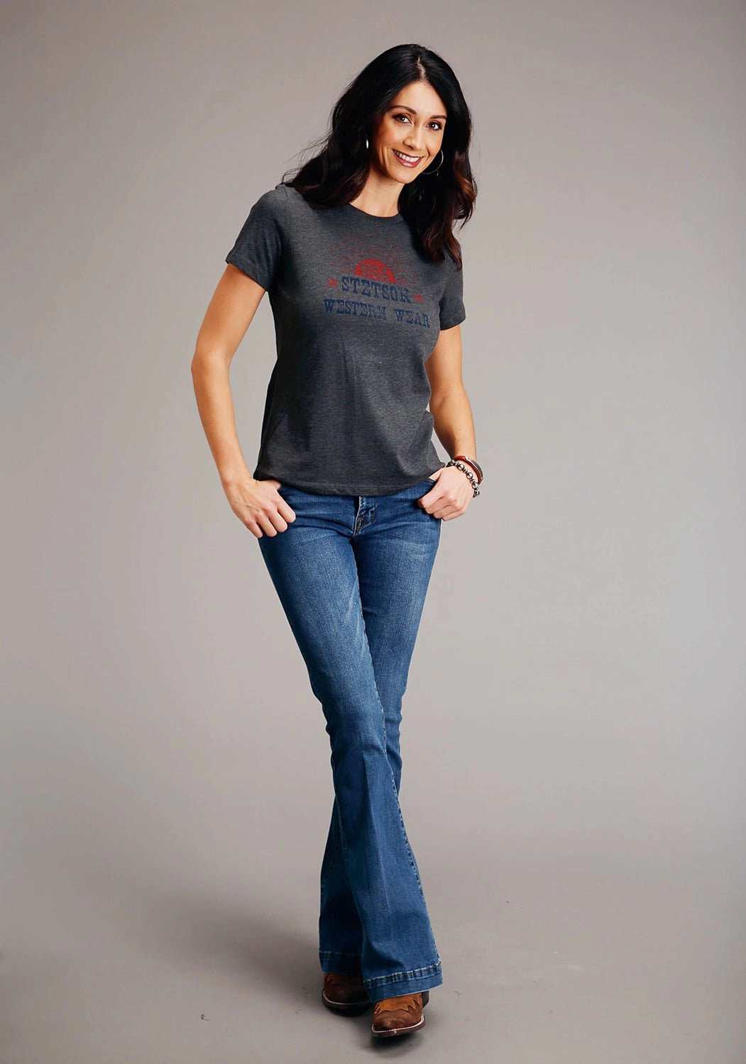 High-Quality Craftsmanship Stetson Womens Dark Grey Cotton Blend Sunset USA S/S T-Shirt