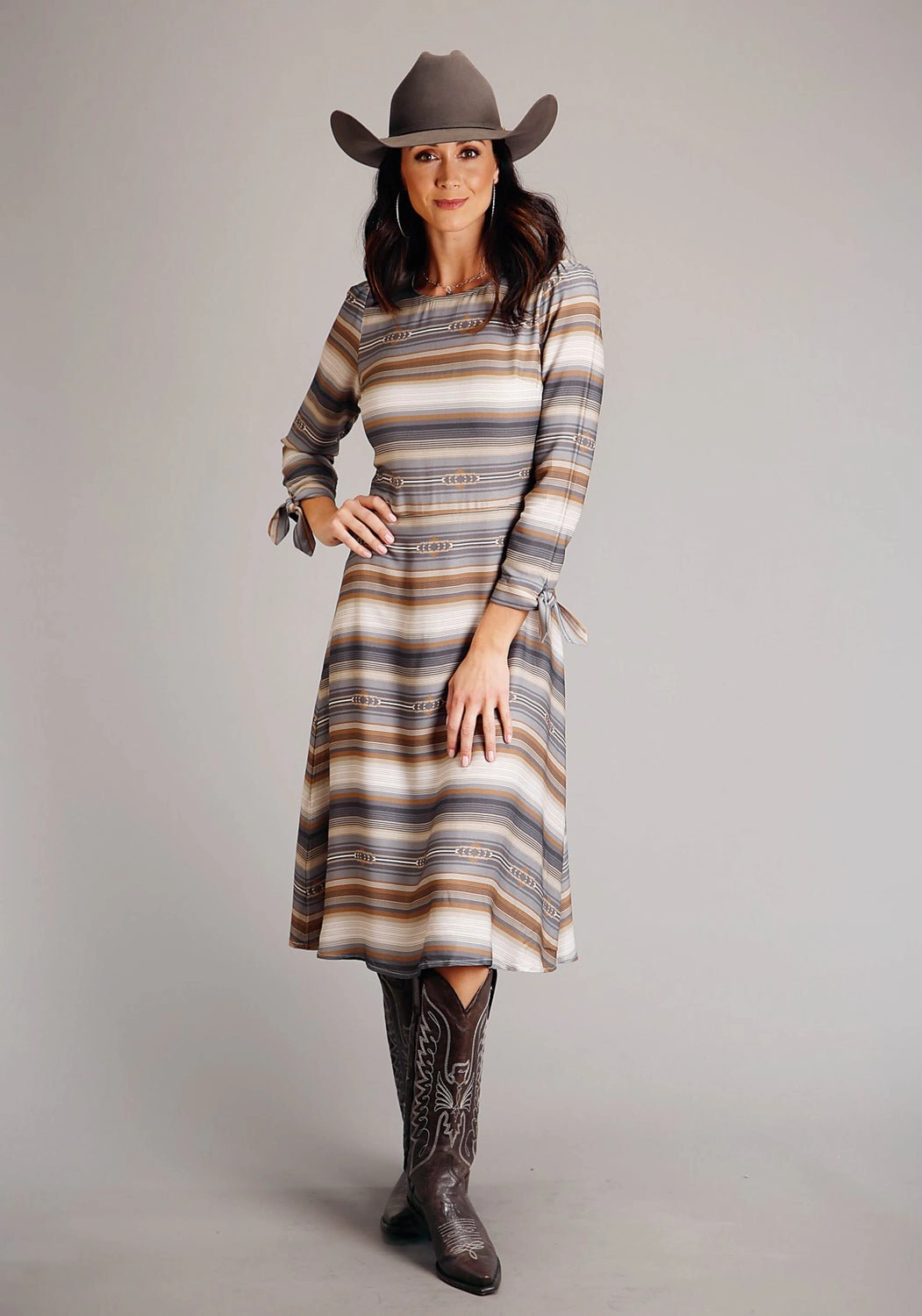 NonRestrictive Cuff Zero Waste Knitting Stetson Womens Desert Serape Brown 100% Rayon L/S Dress