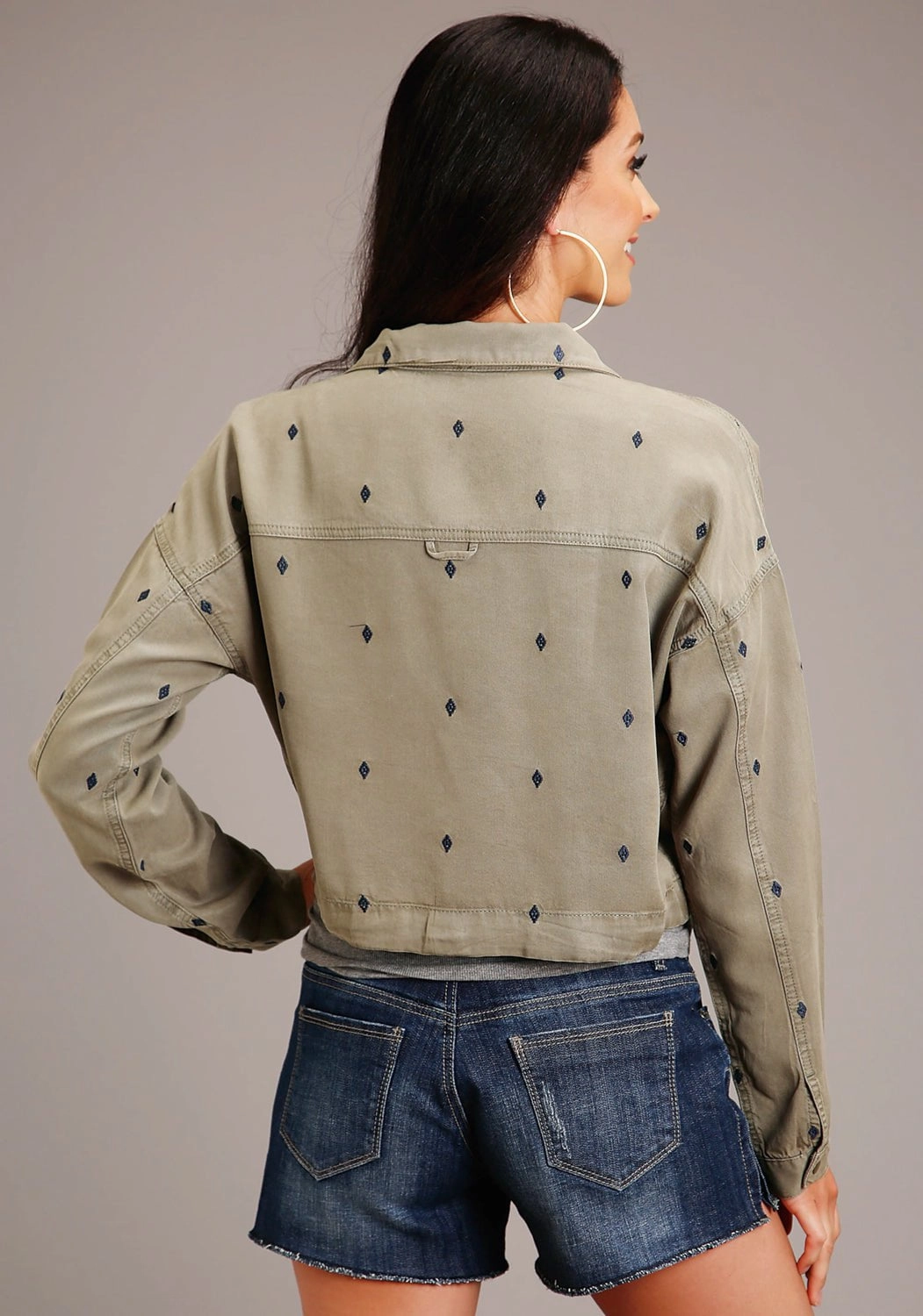 Relaxed Fit Silhouette TapedSeamConstruction Stetson Womens Diamond Stand Collar Olive 100% Lyocell Denim Jacket