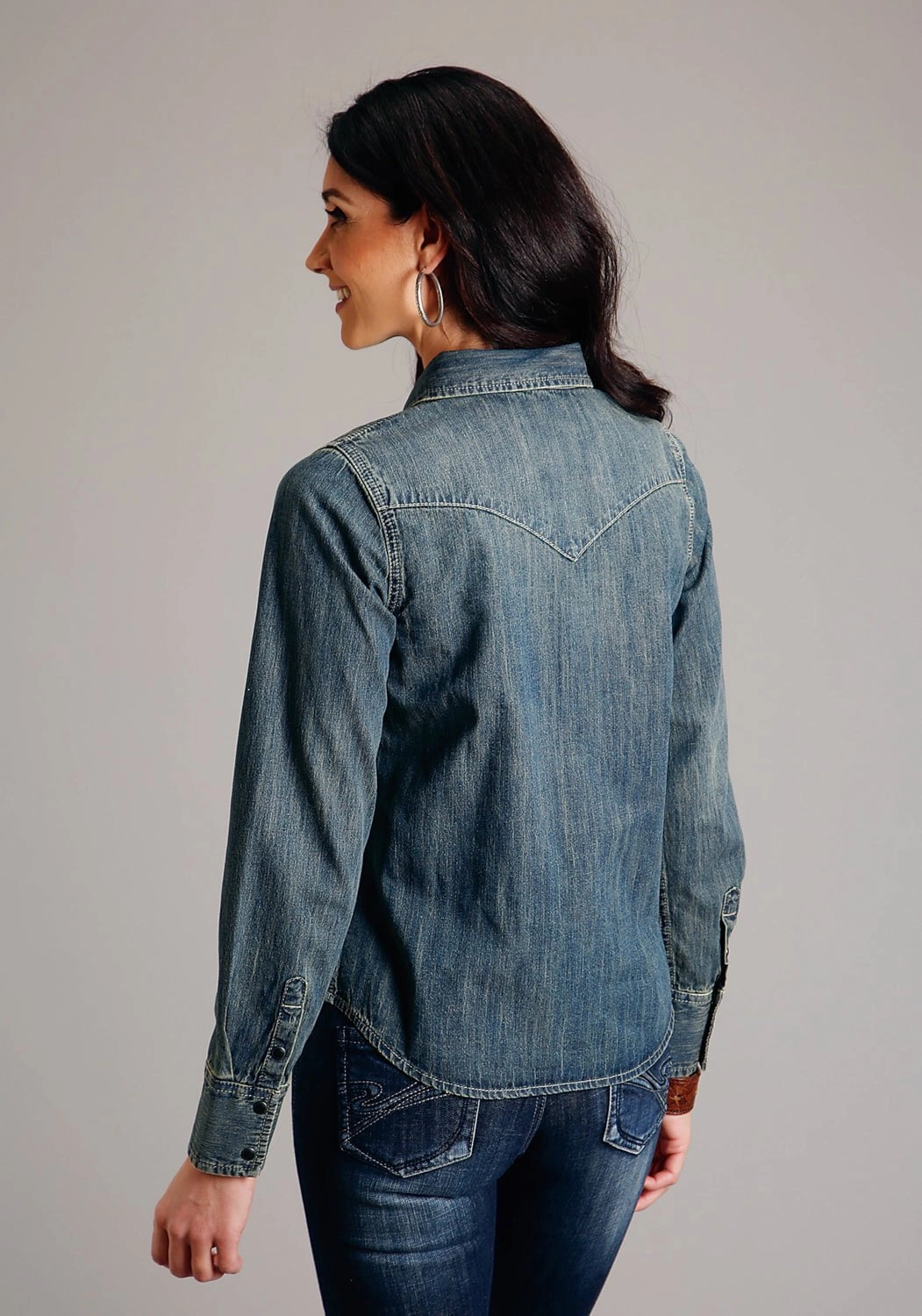 Stetson Womens Dirty Boyfriend Fit Blue Denim 100% Cotton L/S Shirt Pocket Detailing