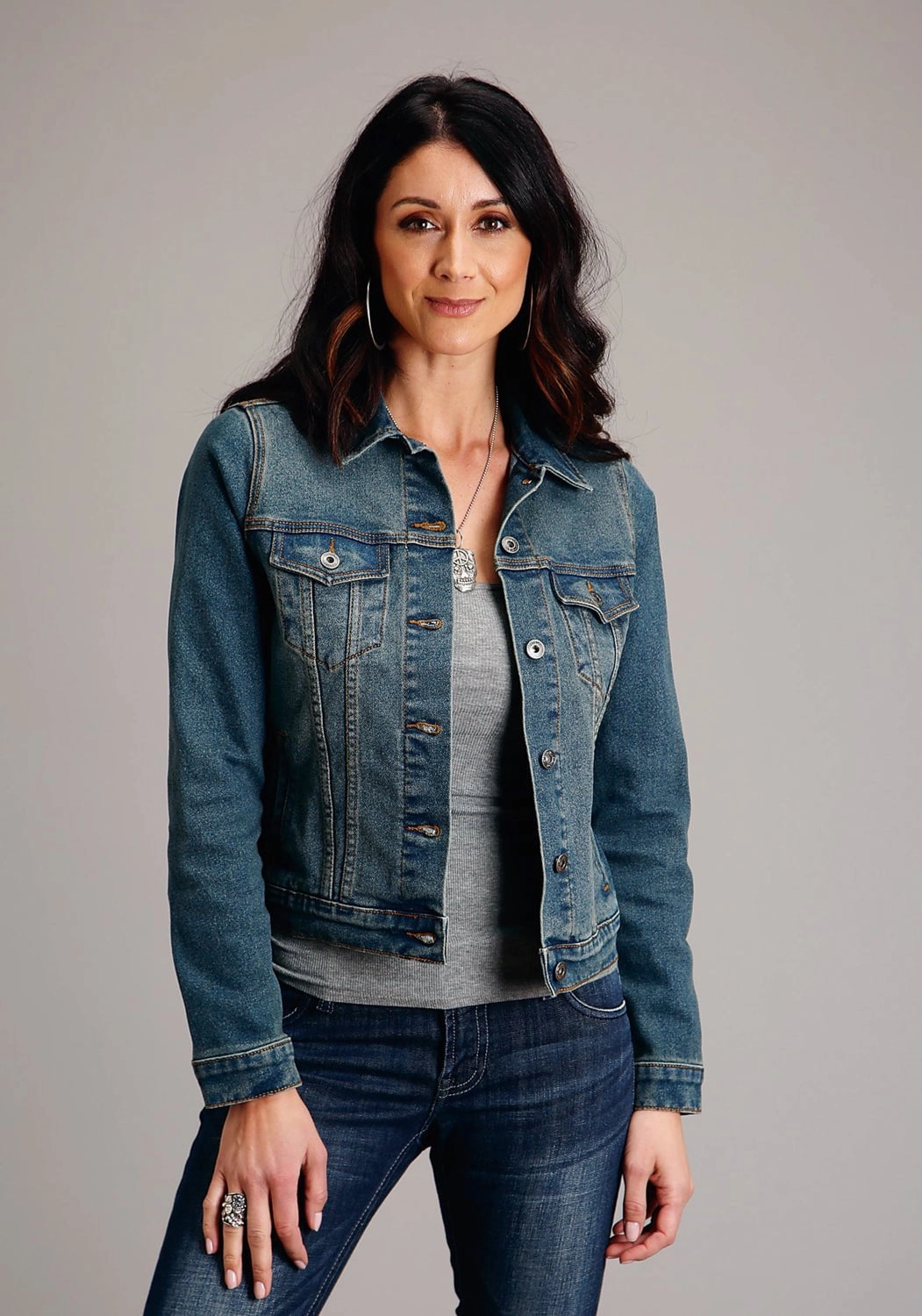 Soft Touch Lining Stetson Womens Dirty Button Front Blue Cotton Blend Denim Jacket