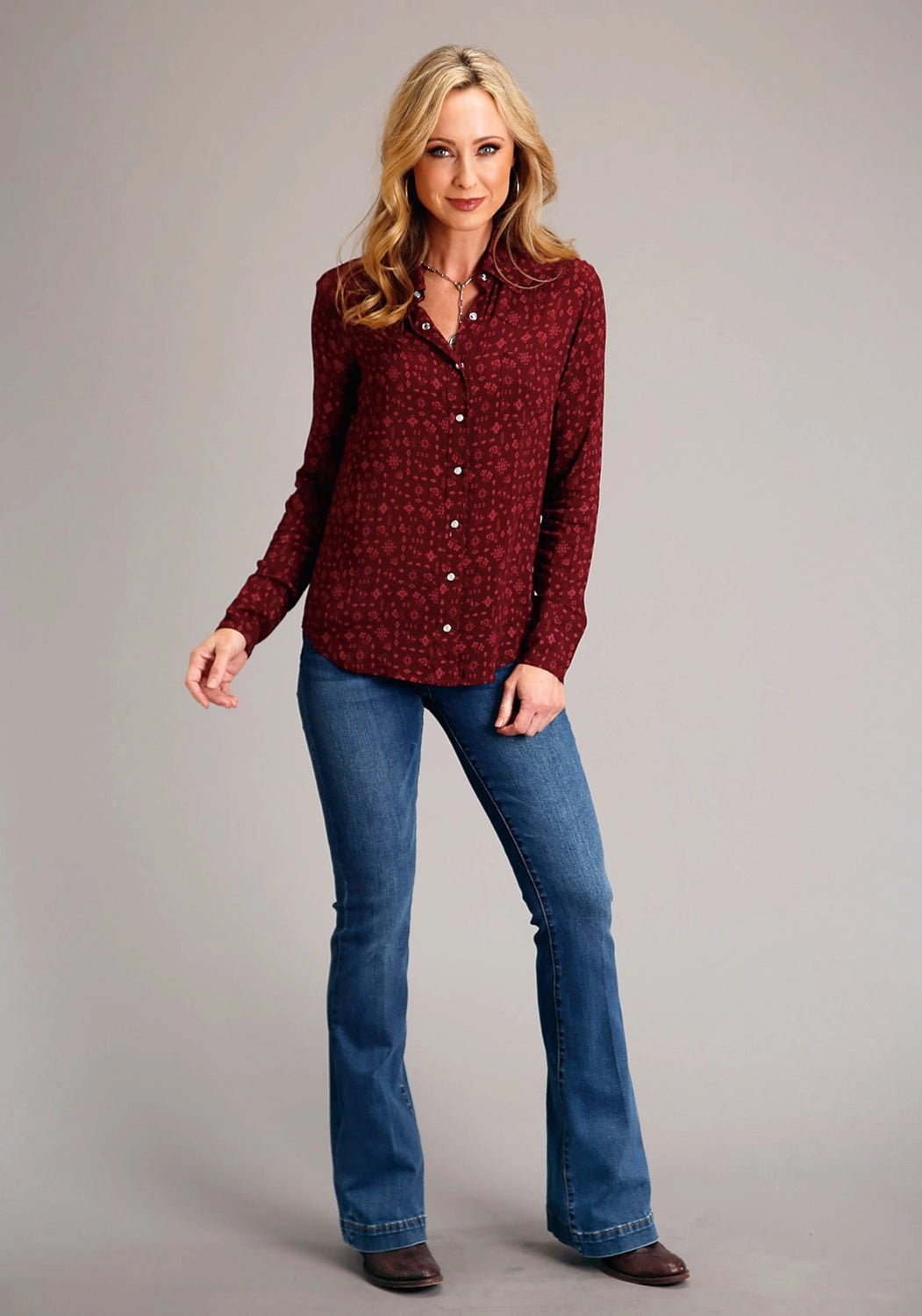 Custom Fit Stetson Womens Ditzy Western Wine 100% Rayon L/S Shirt