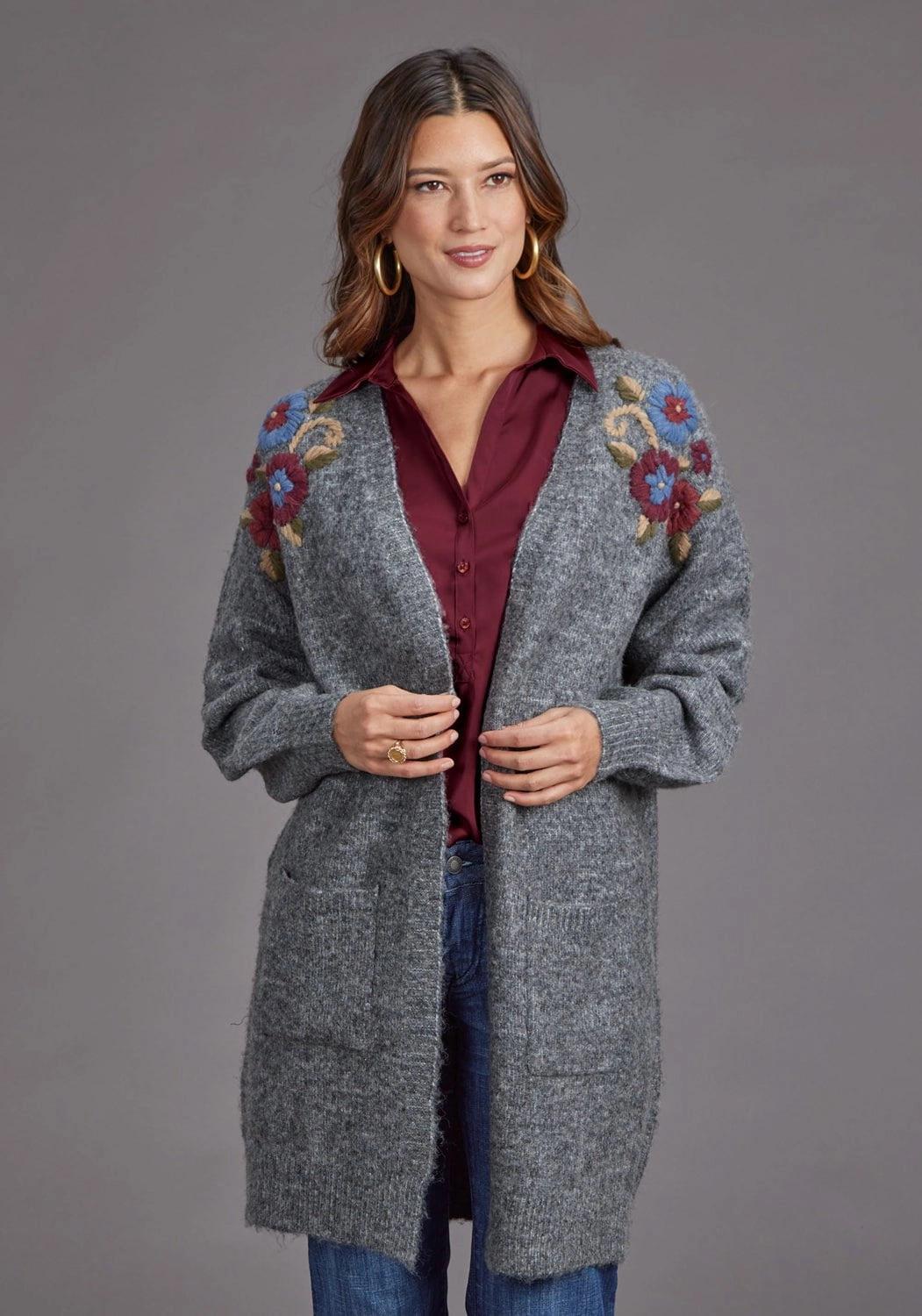 Stetson Womens Floral Embroidered Grey Acrylic Blend Cardigan Sweater Comfortable Look