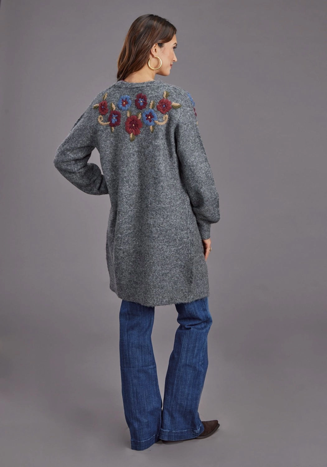 Versatile Apparel Cashmere Blend Stetson Womens Floral Embroidered Grey Acrylic Blend Cardigan Sweater