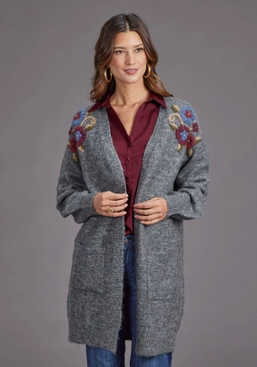 Low Profile Fastening Breathable Mesh Panels Stetson Womens Floral Embroidered Grey Acrylic Blend Cardigan Sweater