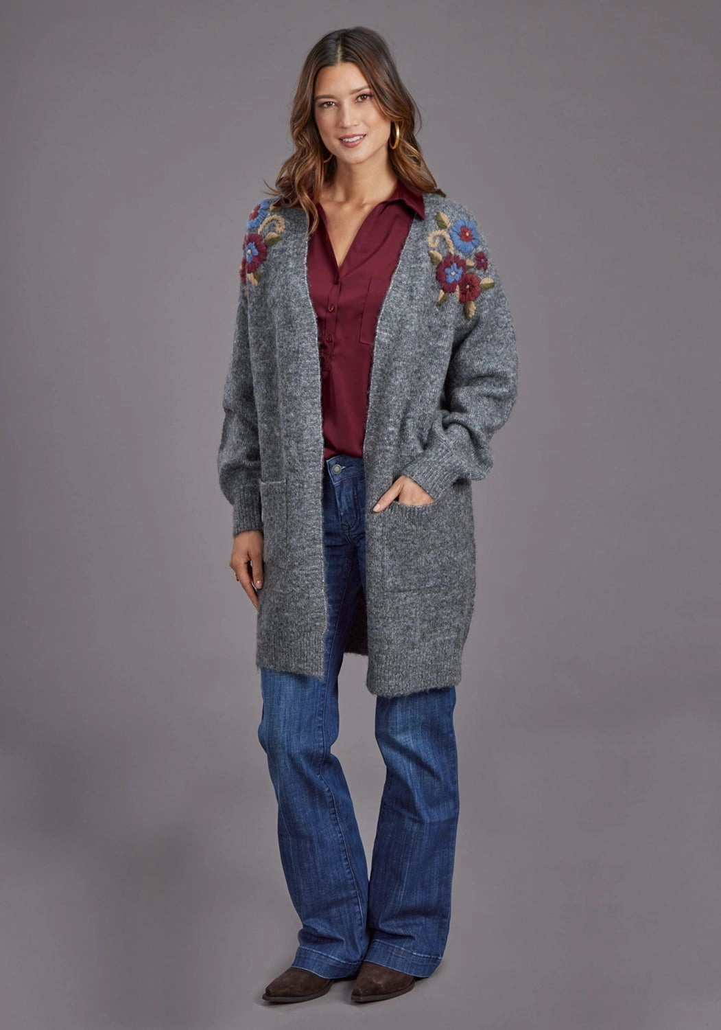 Stetson Womens Floral Embroidered Grey Acrylic Blend Cardigan Sweater Layer Essential Piece Thermal Core Technology